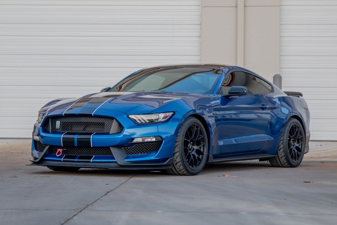 Blue Ford S550 Mustang GT350 with 19" EC-7 Apex wheels in Satin Black