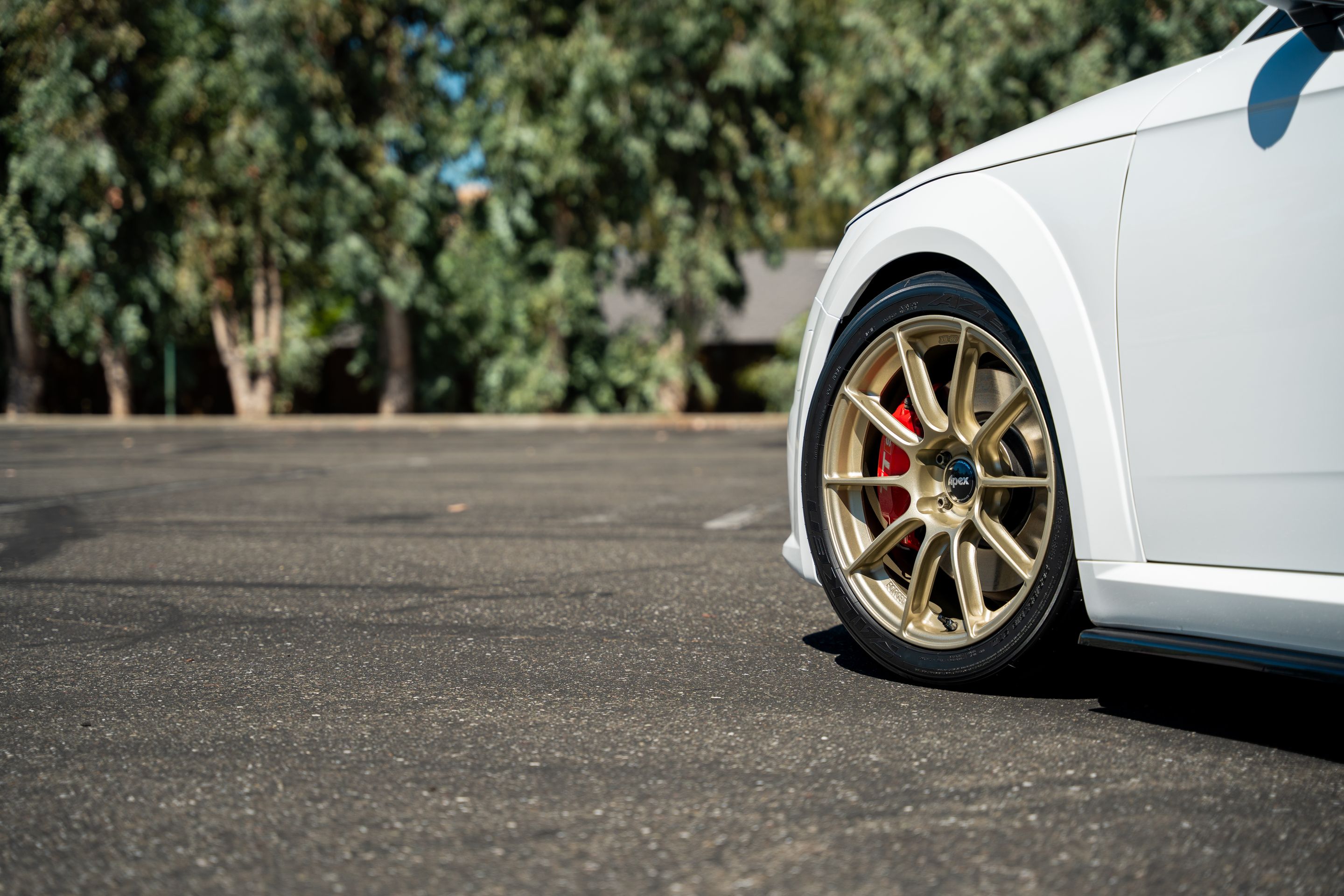 White Audi 8S TTS with 18" SM-10RS Apex wheels in Motorsport Gold