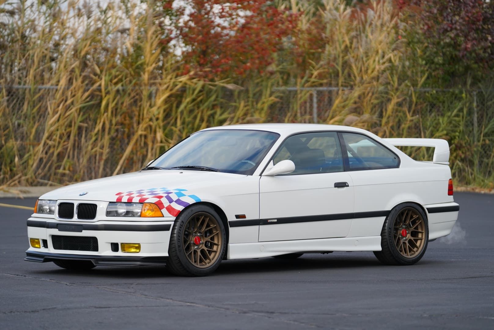 White BMW E36 M3 with 17" ARC-8 Apex wheels in Satin Bronze