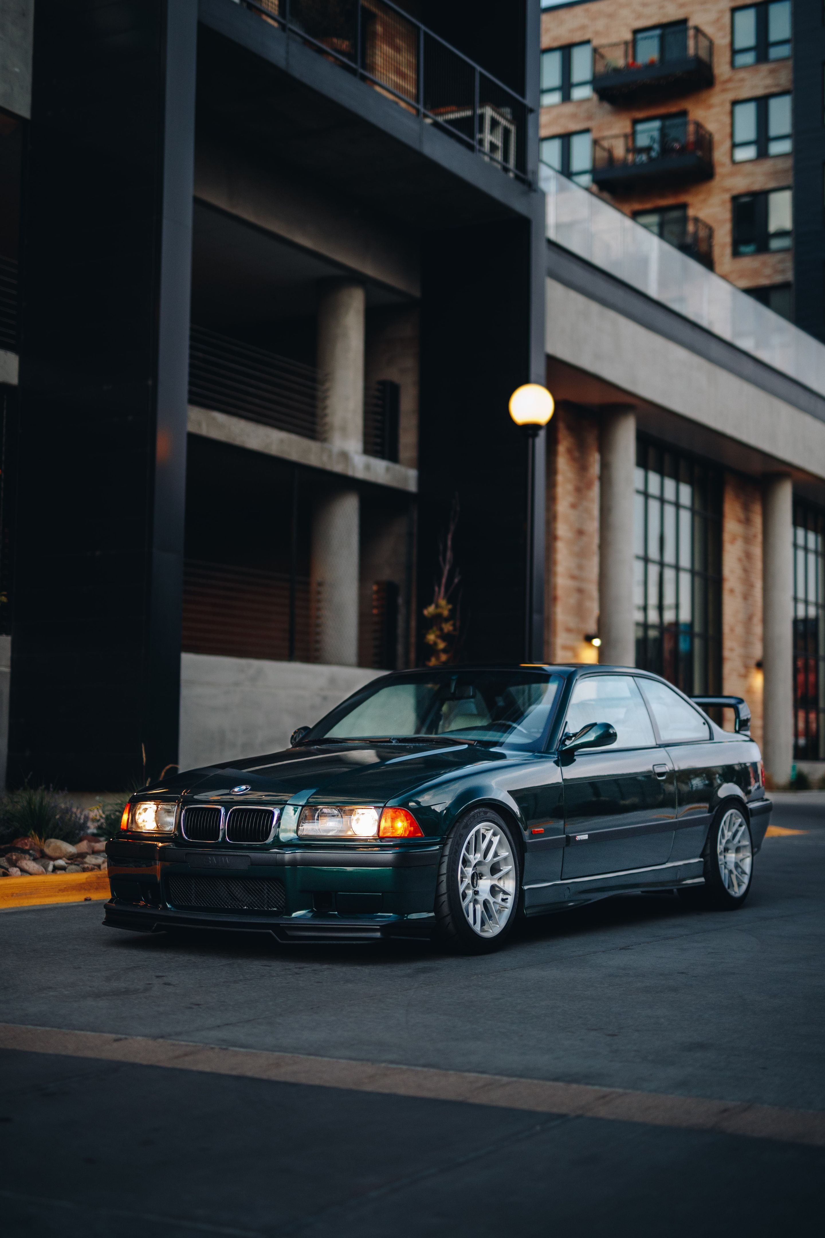 Green BMW E36 M3 with 17" ARC-8R Apex wheels in Brushed Clear