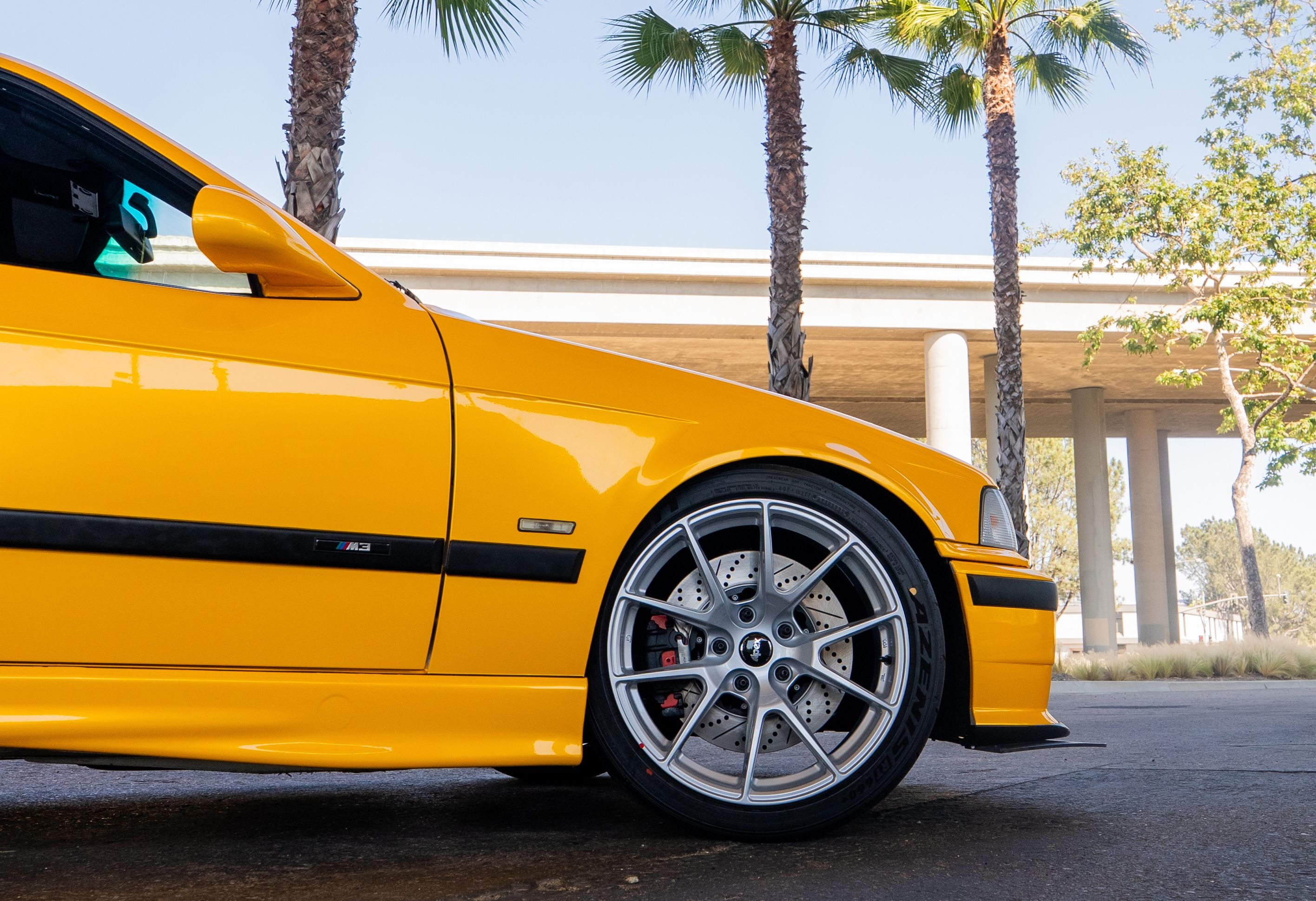 Yellow BMW E36 M3 with 18" VS-5 Apex wheels in Race Silver