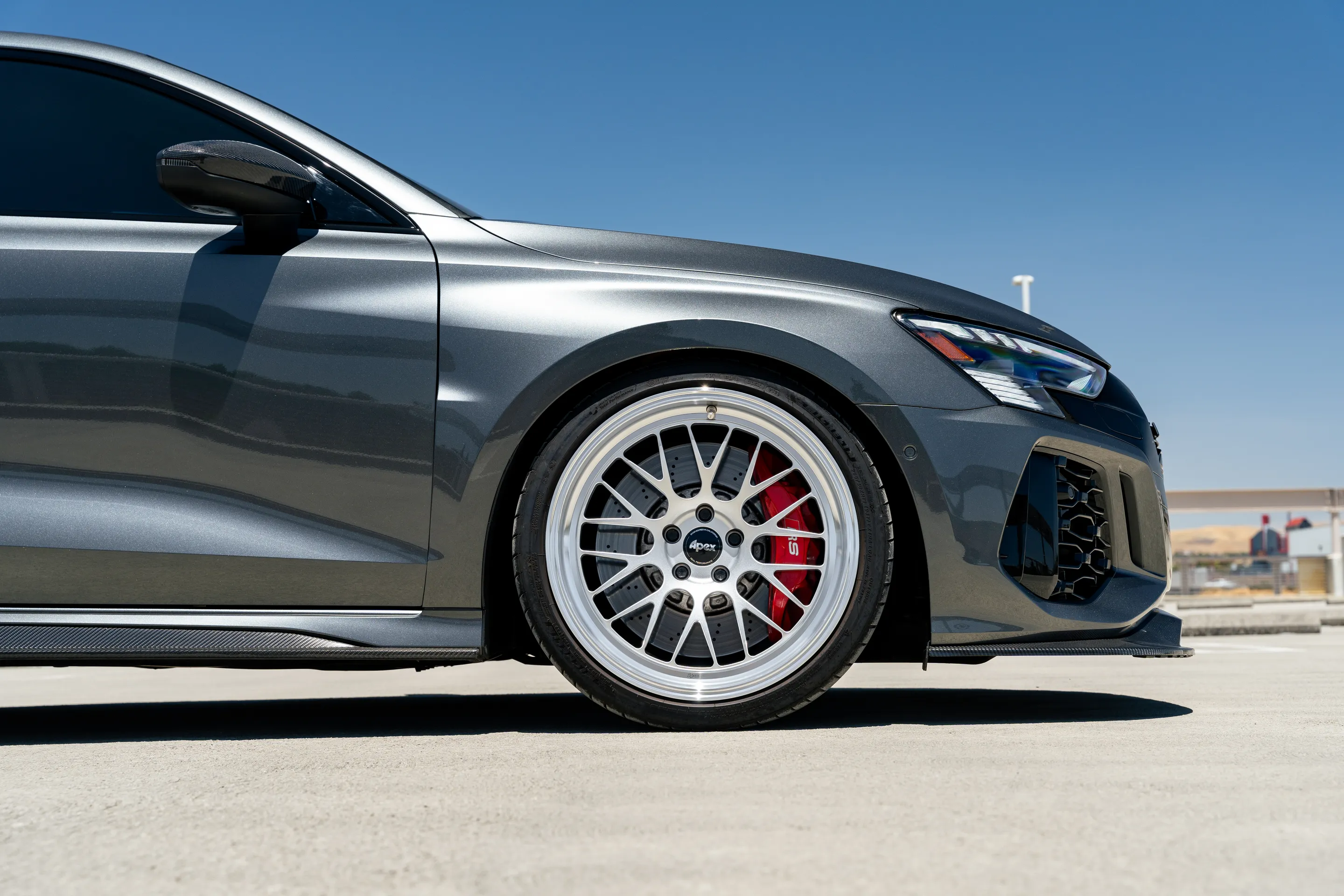 Grey Audi 8Y RS 3 with 19" ML-10RT Apex wheels in Machined Lip Race Silver