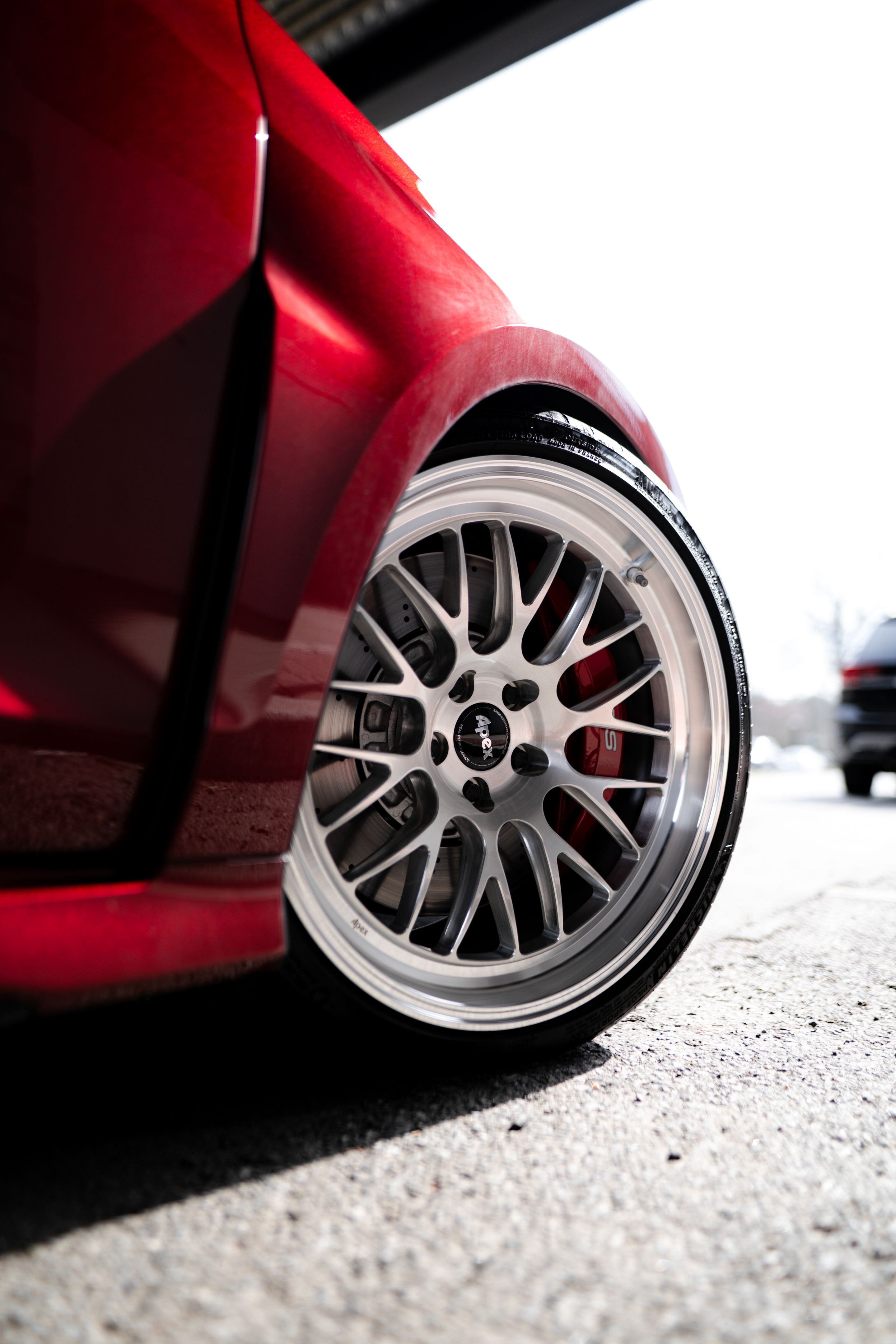 Red Audi 8Y RS 3 with 19" ML-10RT Apex wheels in Machined Lip Brushed Clear