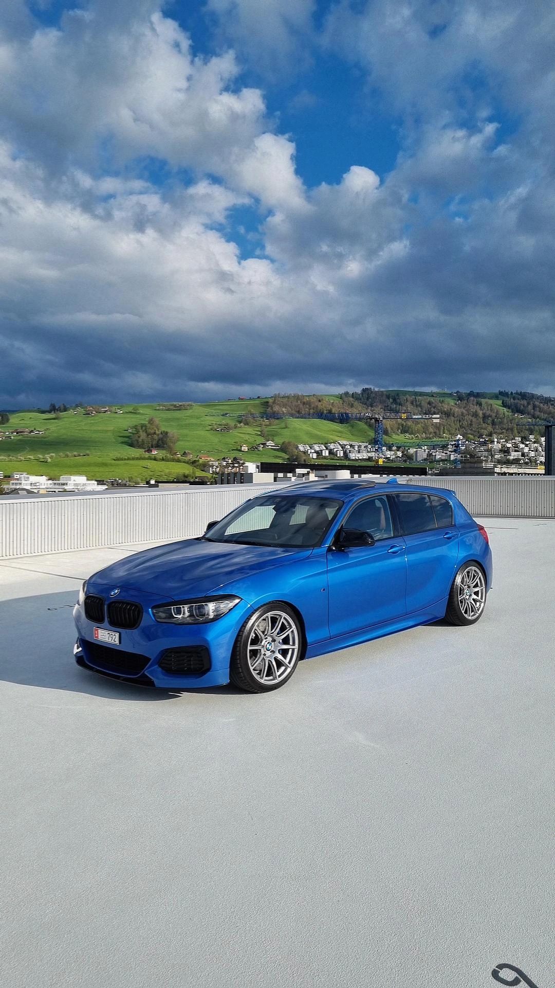 Blue BMW F20 Hatchback 1 Series with 18" SM-10 Apex wheels in Custom Finish