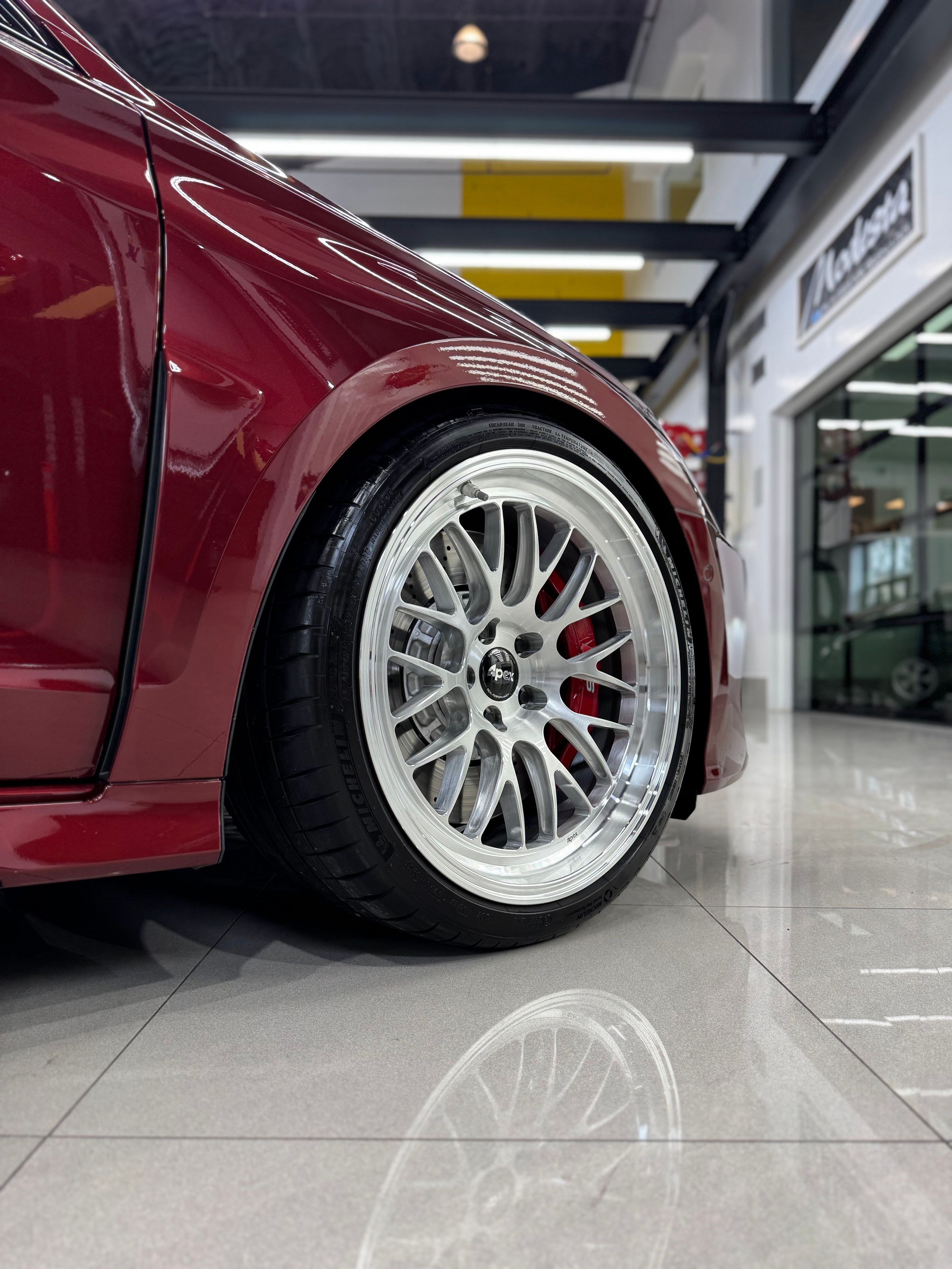 Red Audi 8Y RS 3 with 19" ML-10RT Apex wheels in Machined Lip Brushed Clear