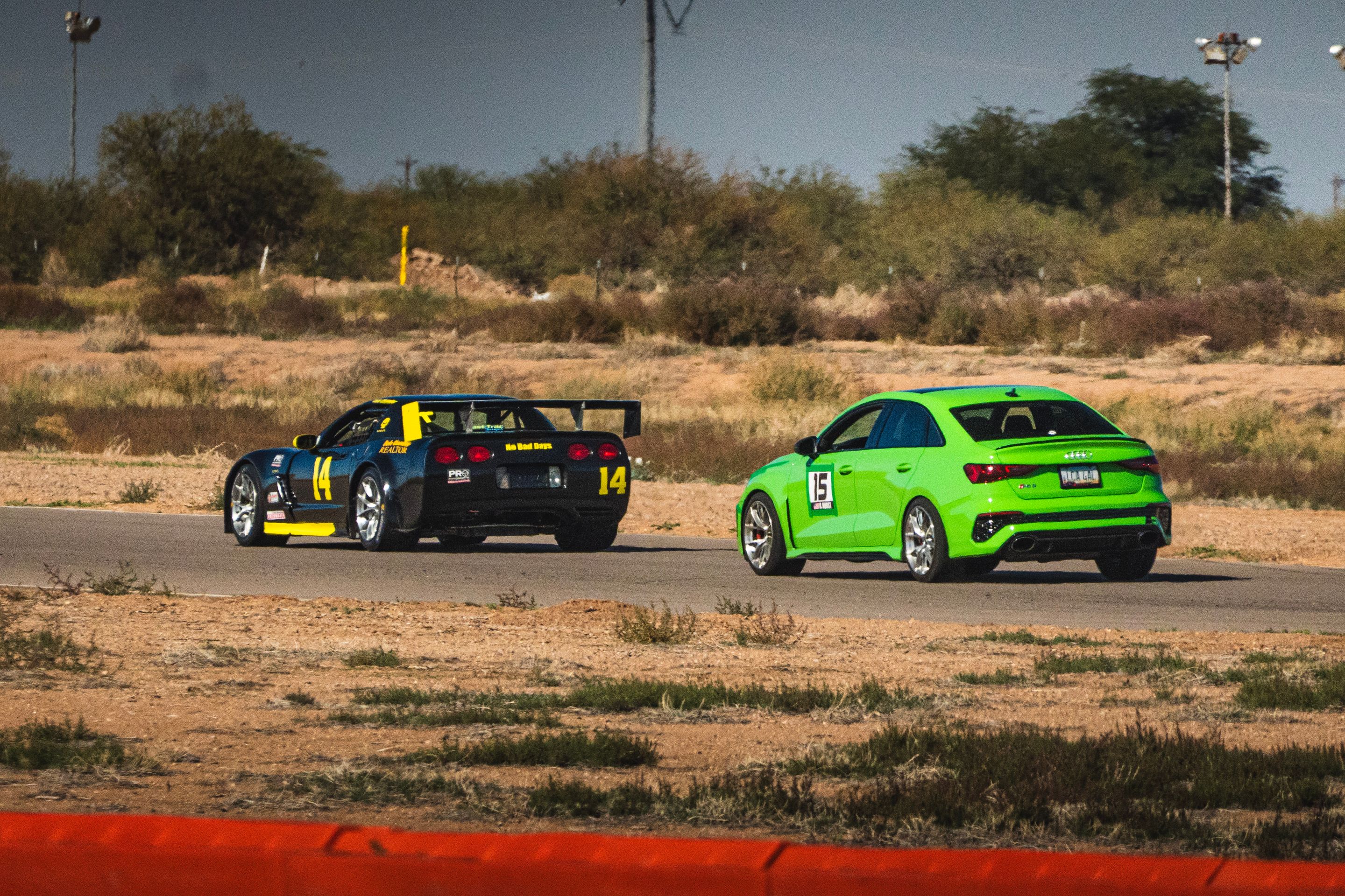 Green Audi 8Y RS 3 with 18" VS-5RS Apex wheels in Brushed Clear