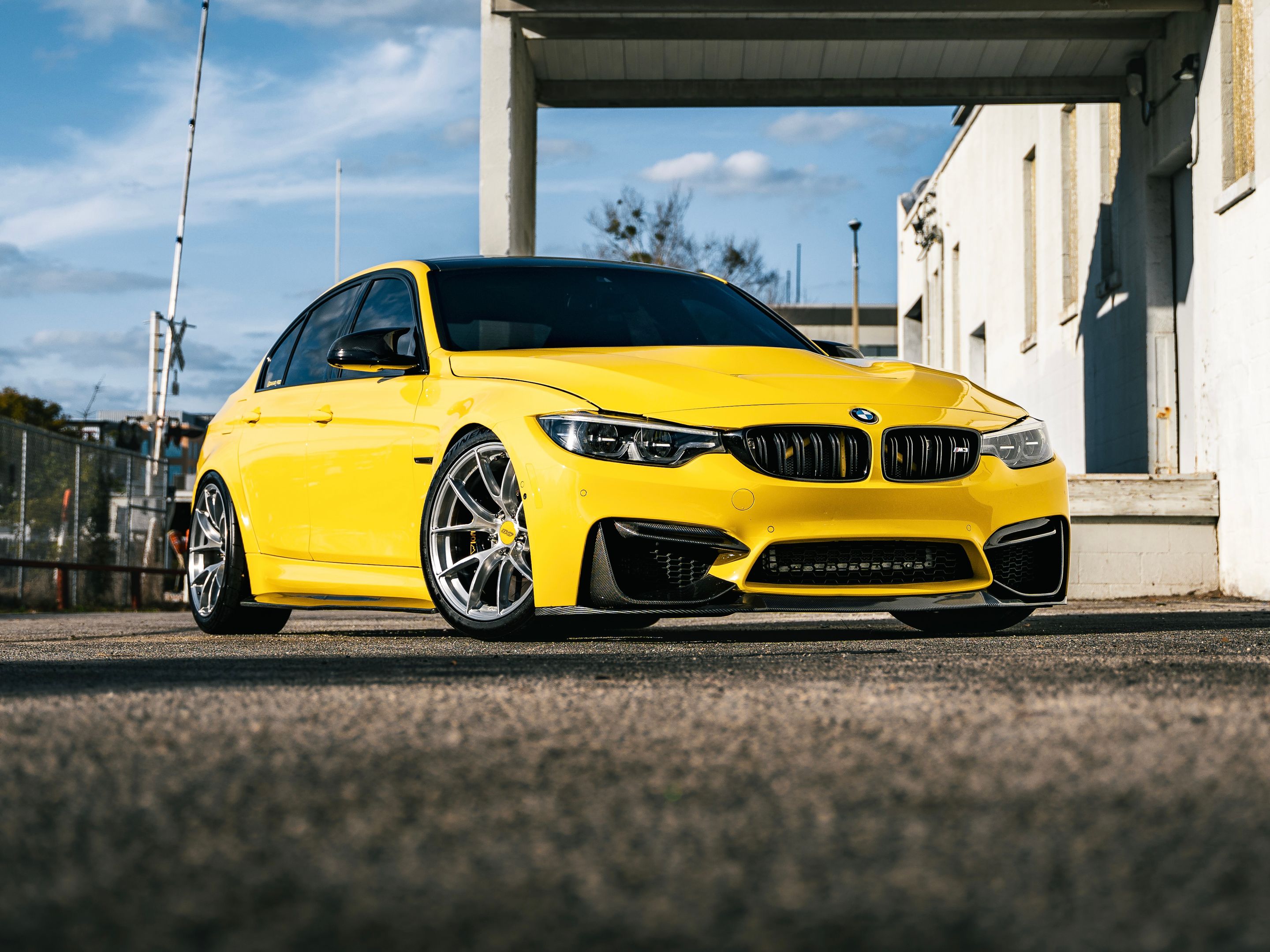 Yellow BMW F80 M3 with 19" VS-5RS Apex wheels in Brushed Clear
