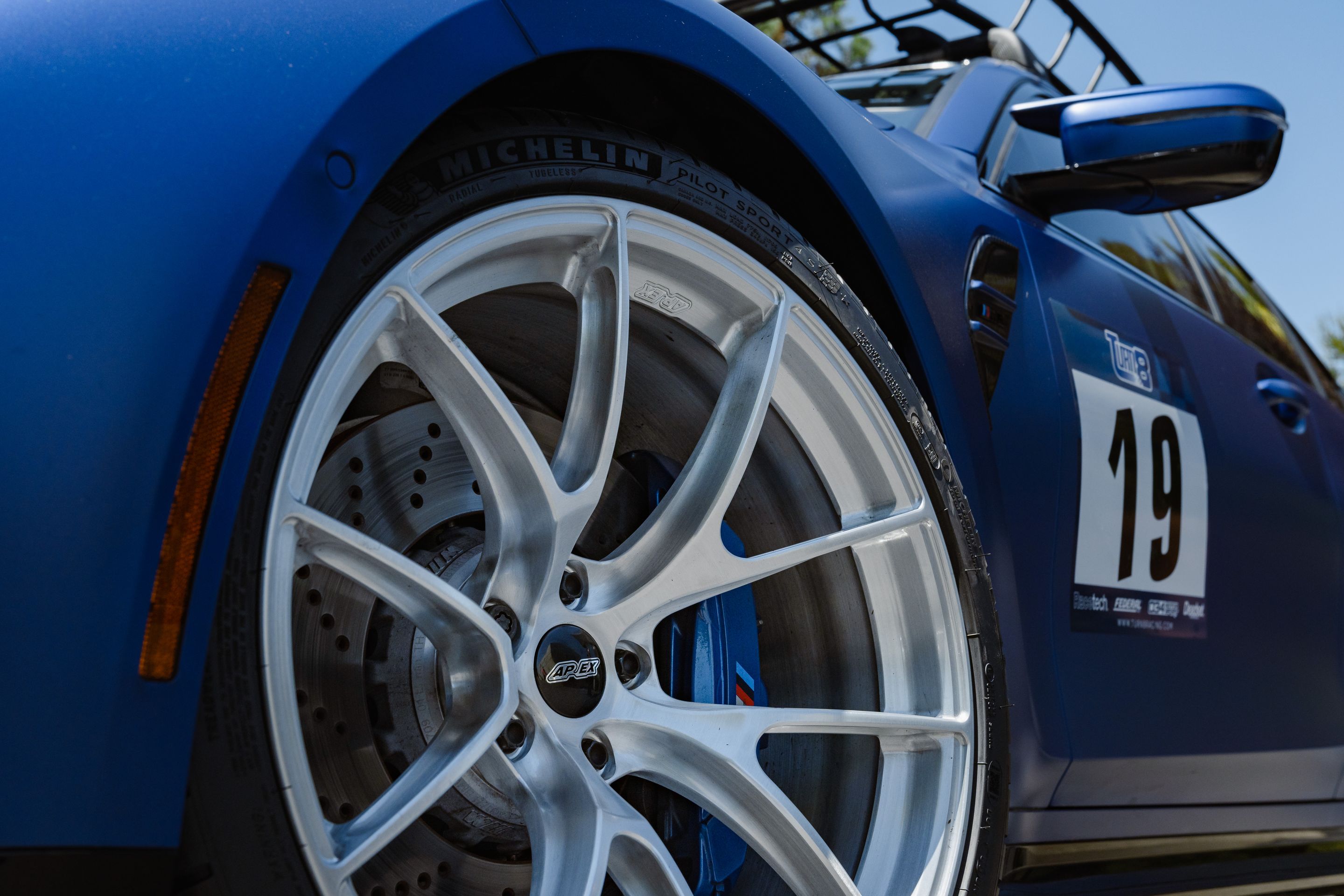 Blue BMW G80 M3 with 20" VS-5RS Apex wheels in Brushed Clear