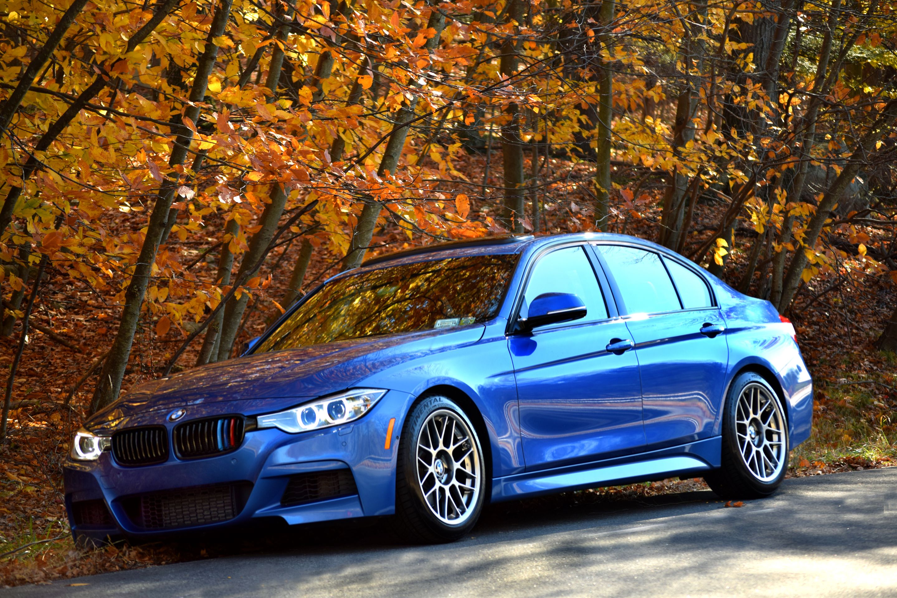 Blue BMW F30 Sedan 3 Series with 18" ARC-8 Apex wheels in Hyper Black