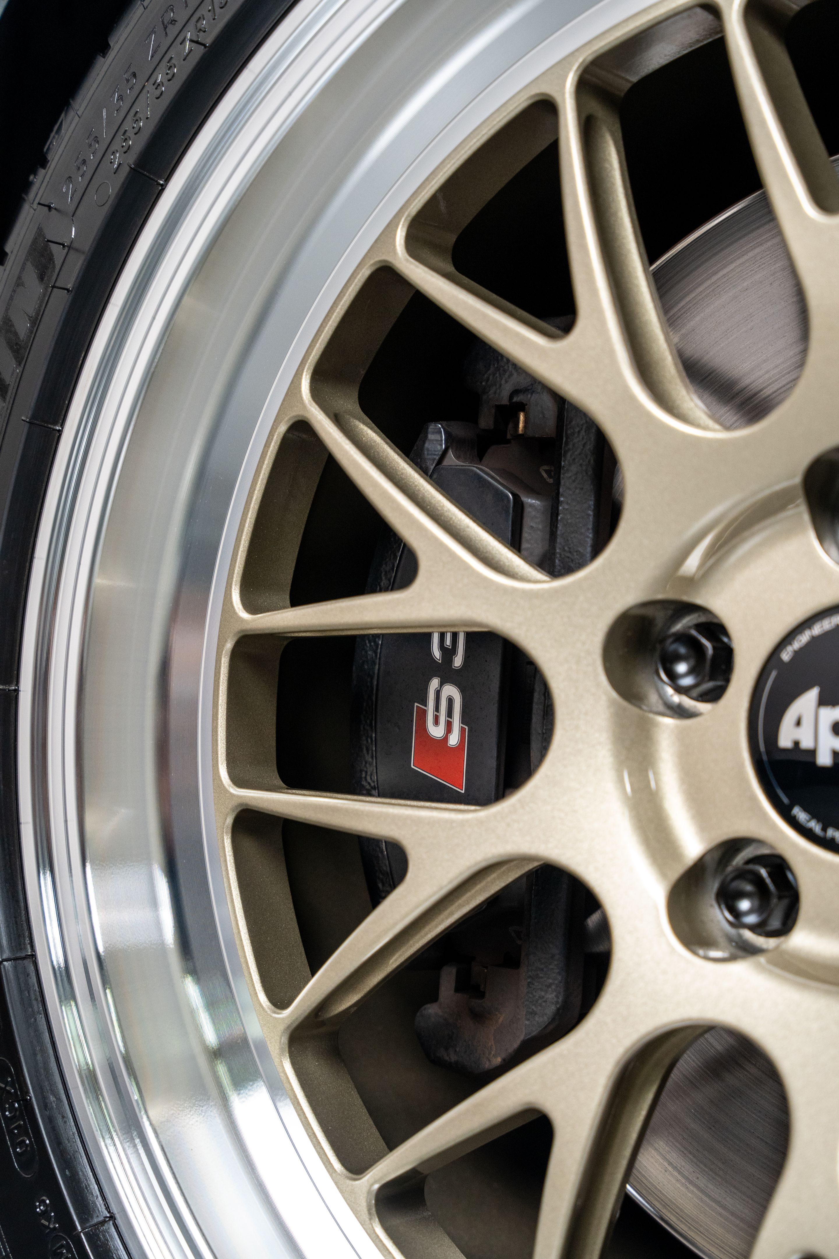 White Audi 8V S3 with 18" ML-10RT Apex wheels in Machined Lip Gloss Motorsport Gold