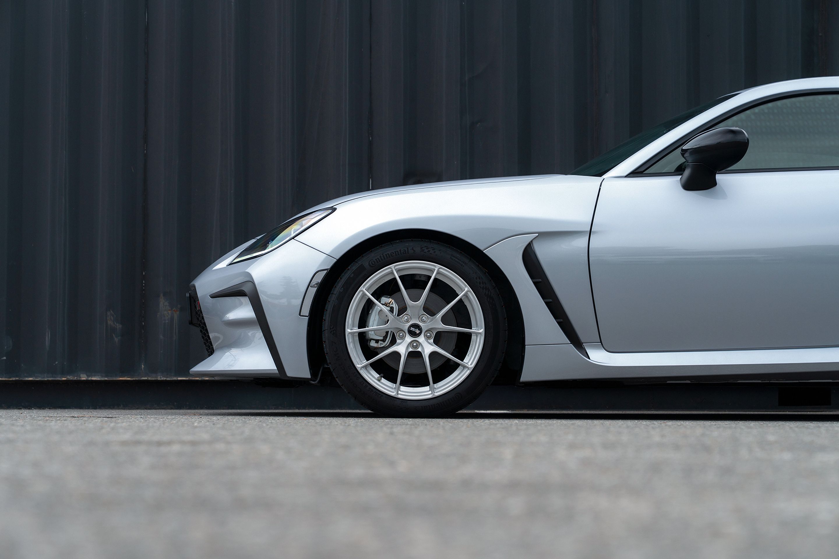 Silver Toyota GR86 with 17" VS-5RS Apex wheels in Brushed Clear