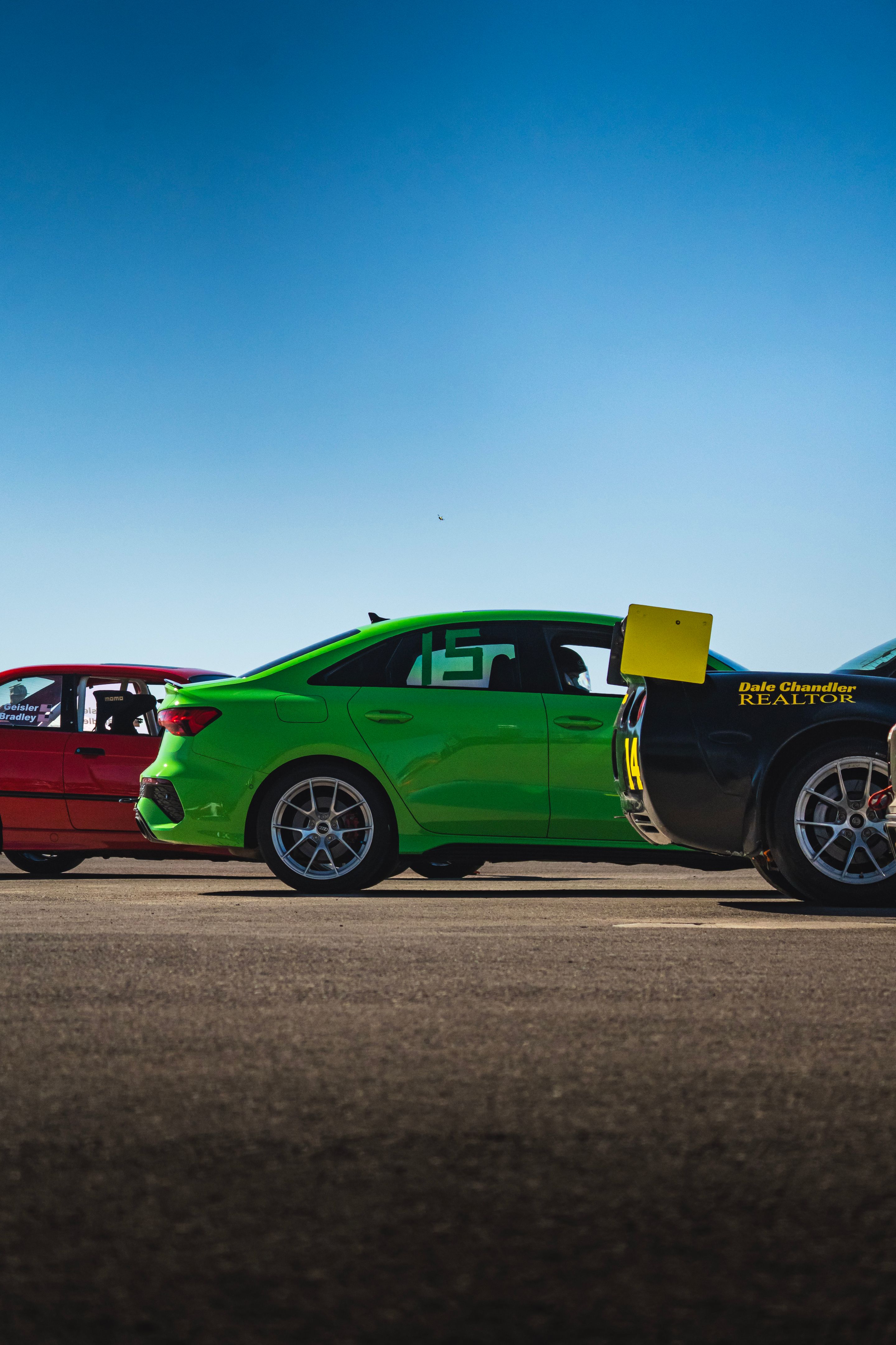 Green Audi 8Y RS 3 with 18" VS-5RS Apex wheels in Brushed Clear
