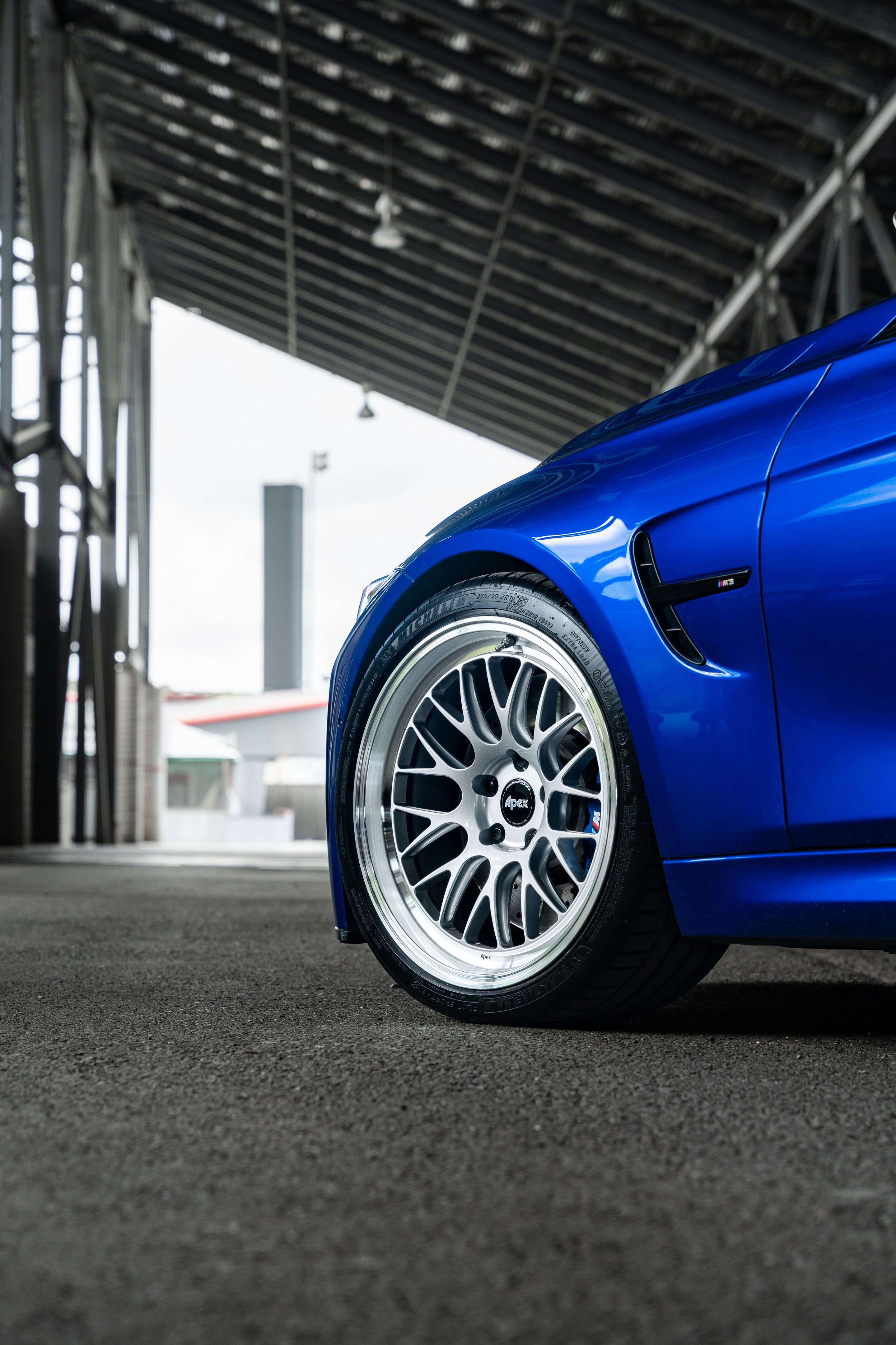 Blue BMW F80 M3 with 19" ML-10RT Apex wheels in Machined Lip Race Silver