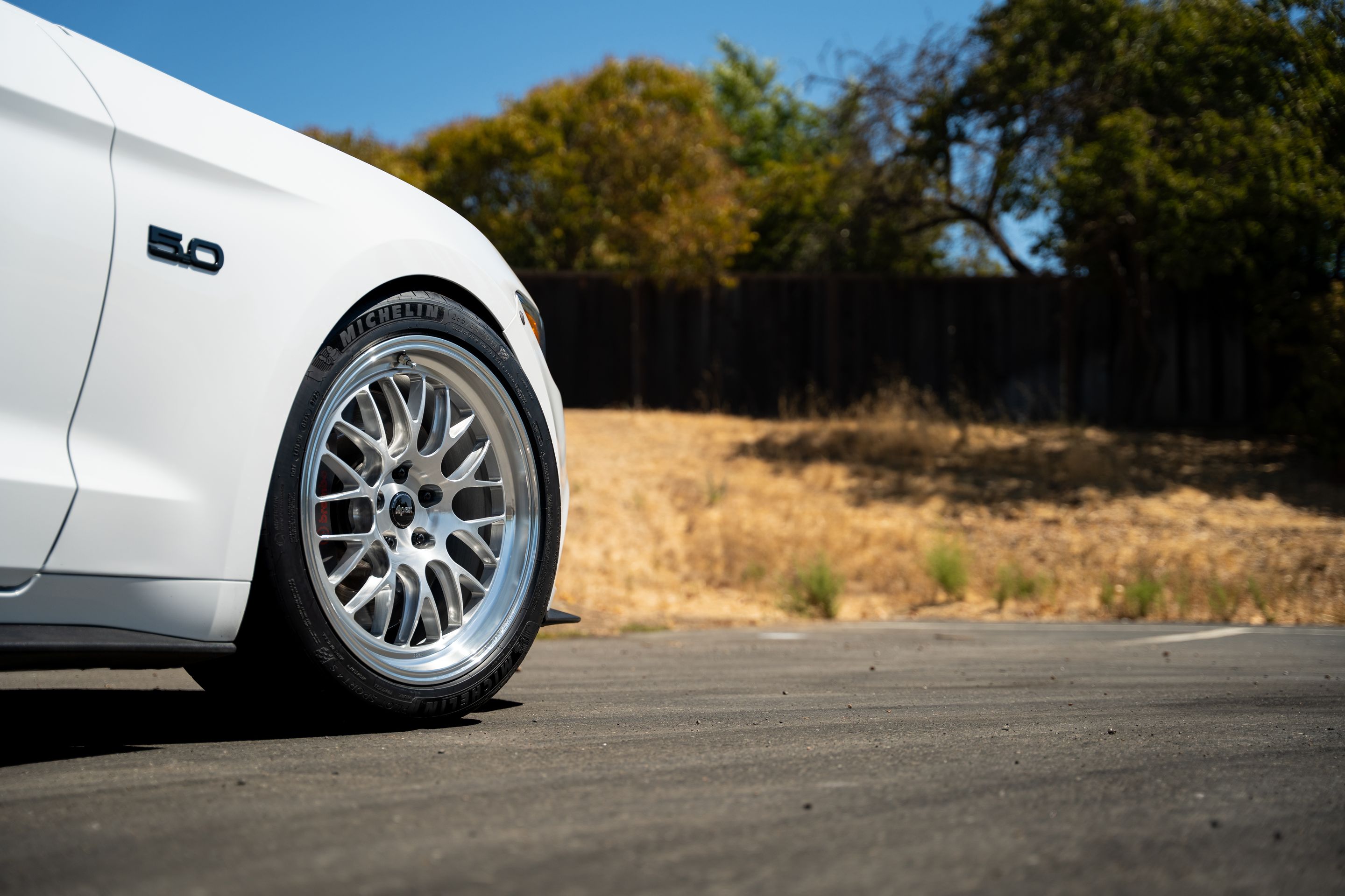 White Ford S550 Mustang GT with 19" ML-10RT Apex wheels in Machined Lip Brushed Clear