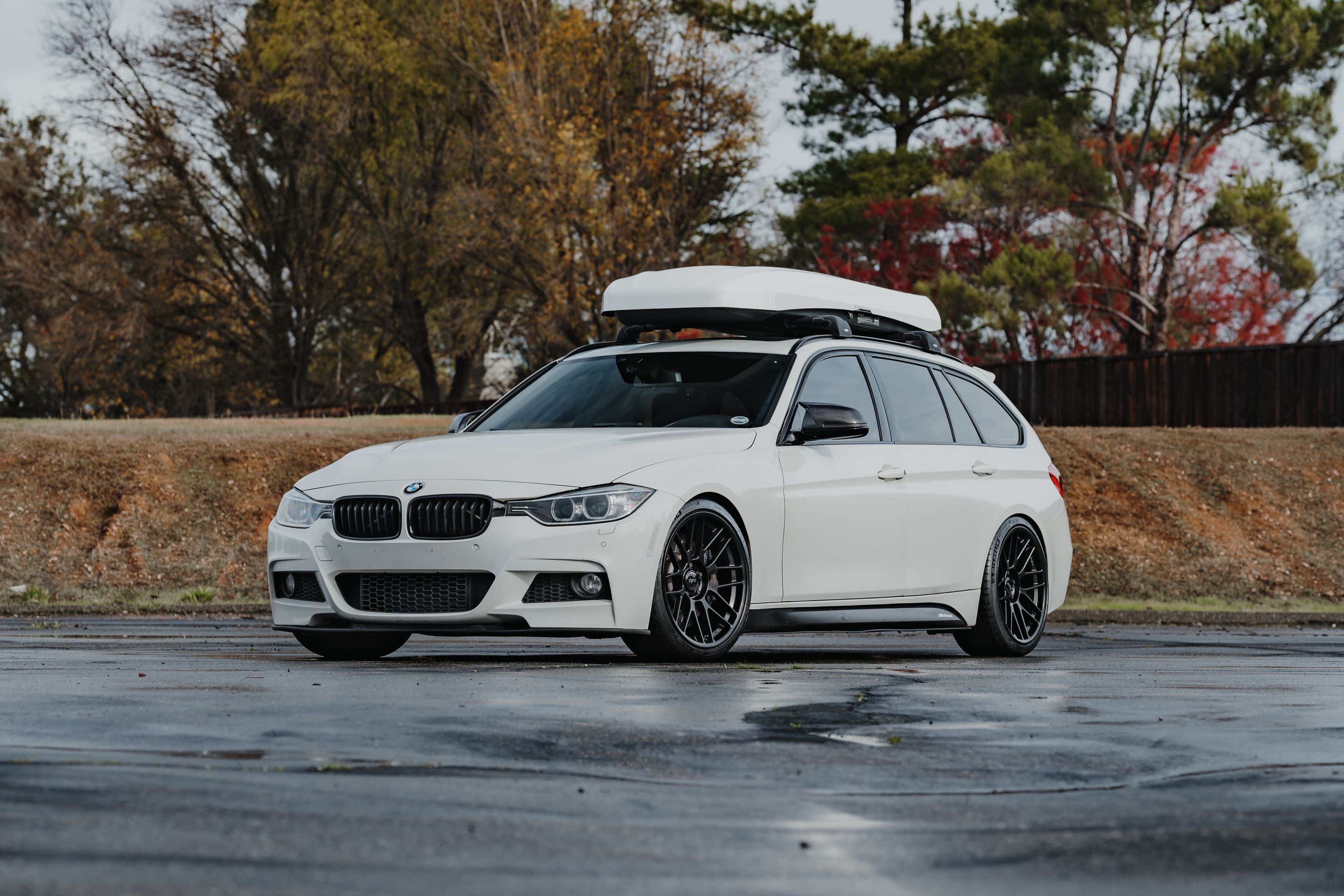 White BMW F31 Wagon 3 Series with 19" ARC-8RT Apex wheels in Satin Black