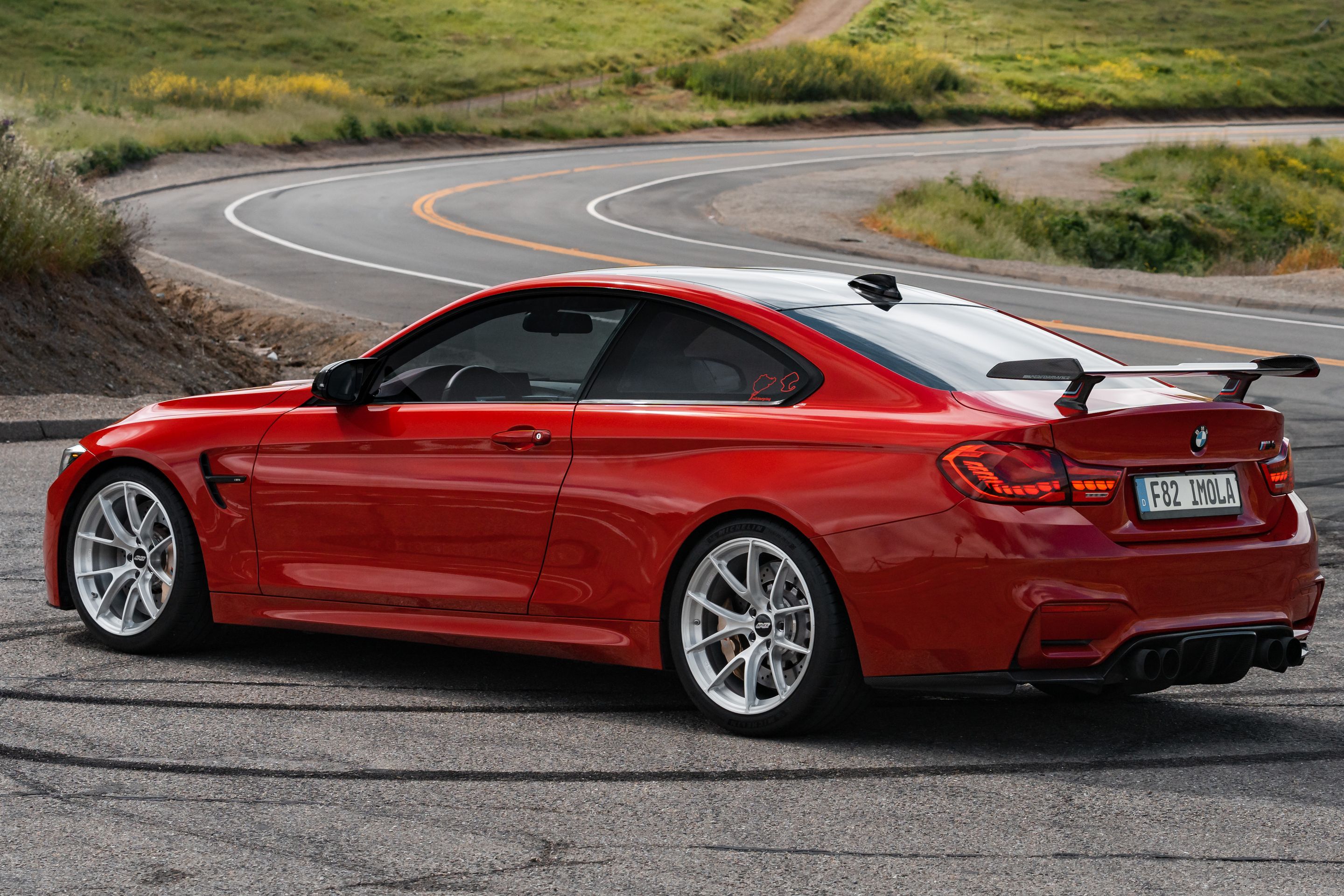 Red BMW F82 Coupe M4 with 19" VS-5RS Apex wheels in Brushed Clear