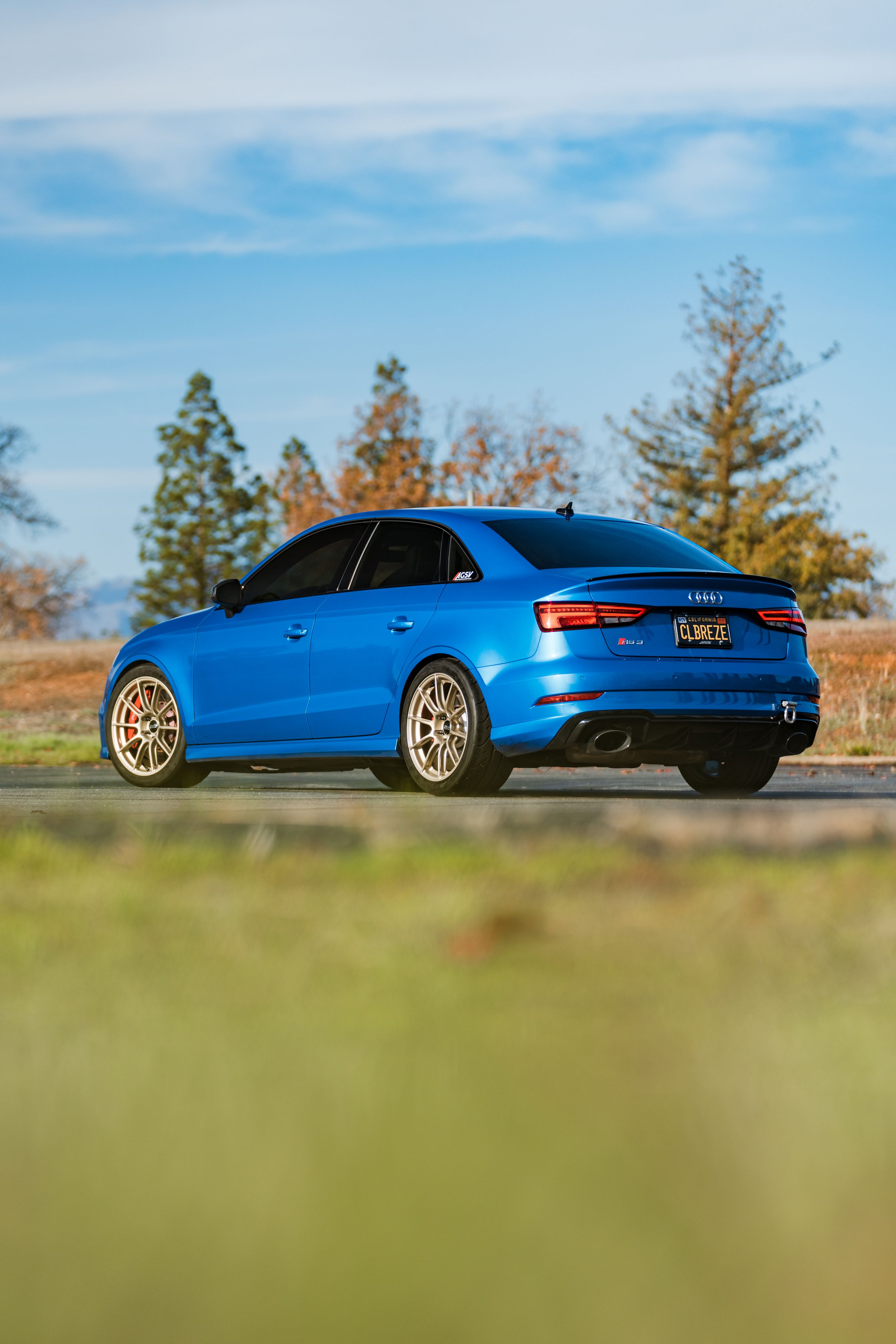 Blue Audi 8V RS 3 with 18" SM-10RS Apex wheels in Motorsport Gold
