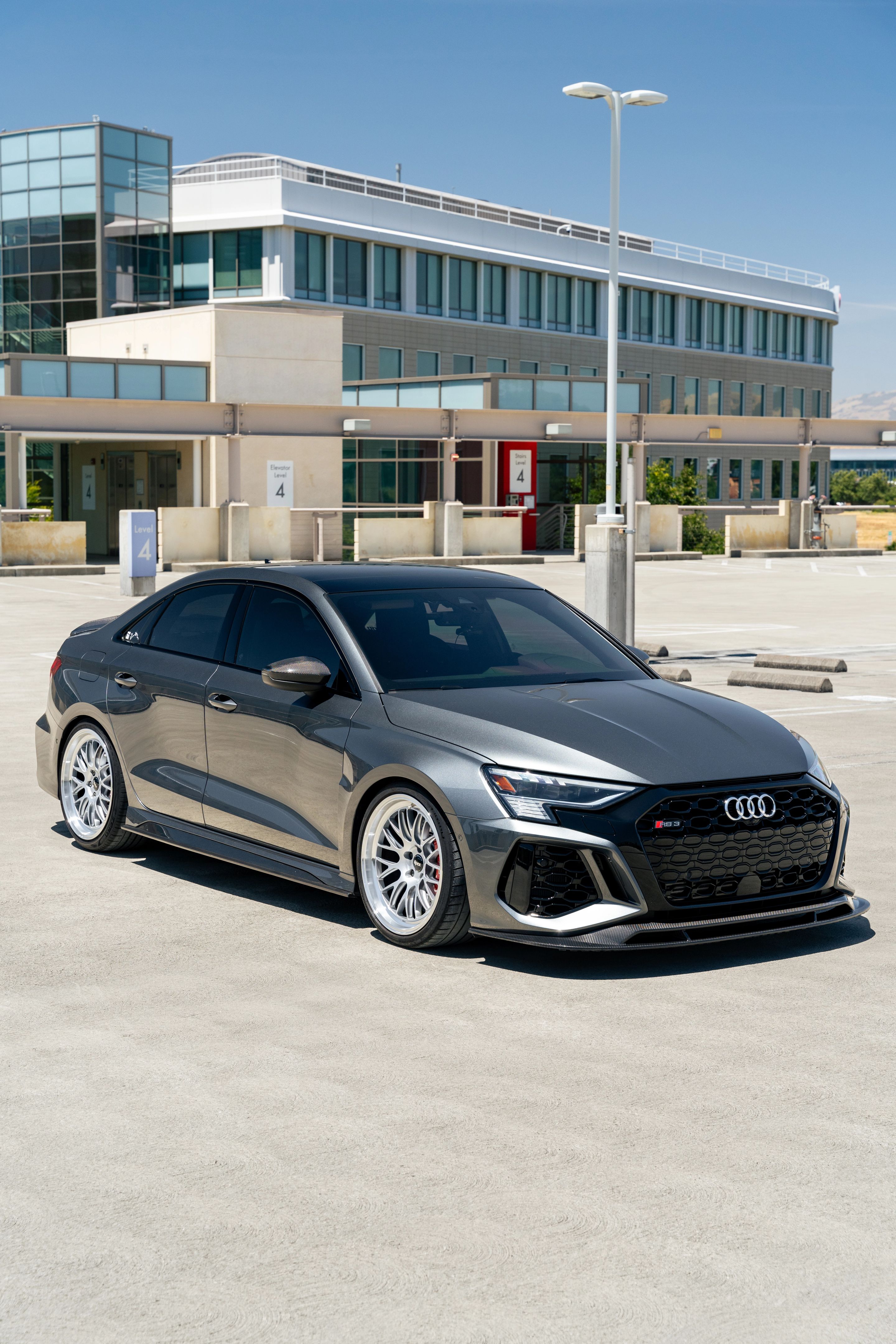 Grey Audi 8Y RS 3 with 19" ML-10RT Apex wheels in Machined Lip Race Silver
