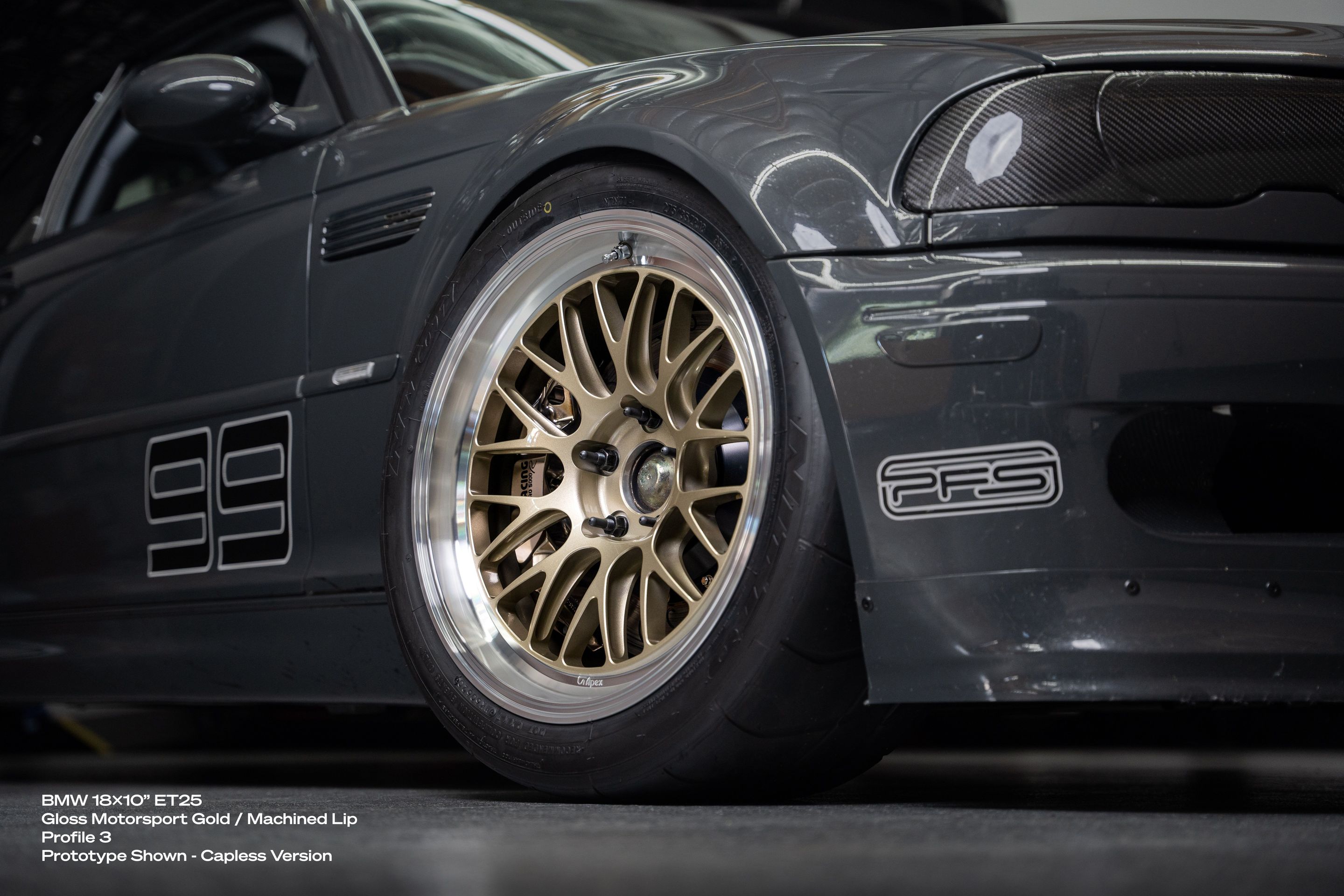 Grey BMW E46 M3 with 18" ML-10RT Apex wheels in Machined Lip Gloss Motorsport Gold