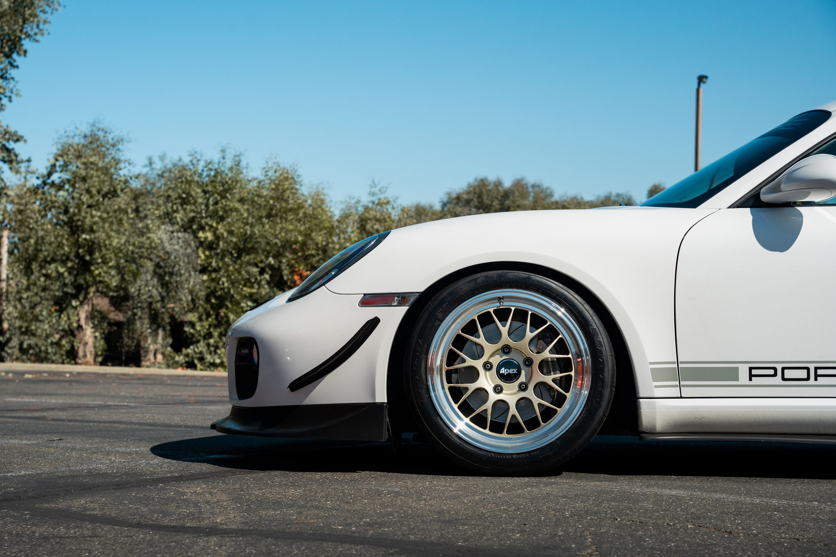 White Porsche 987 Cayman Base with 18" ML-10RT Apex wheels in Machined Lip Gloss Motorsport Gold