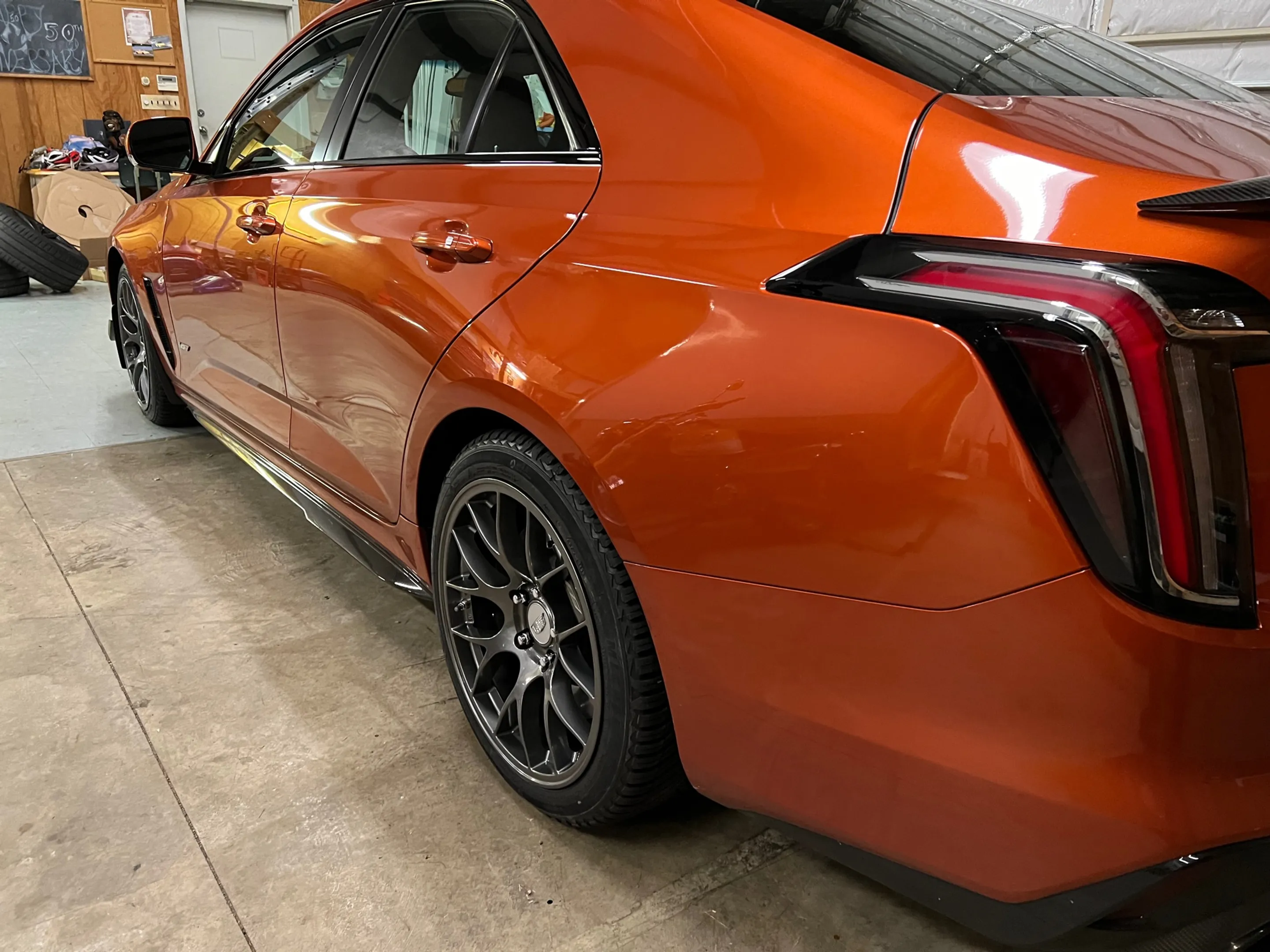 Orange Cadillac CT4-V Blackwing with 18" EC-7 Apex wheels in Anthracite