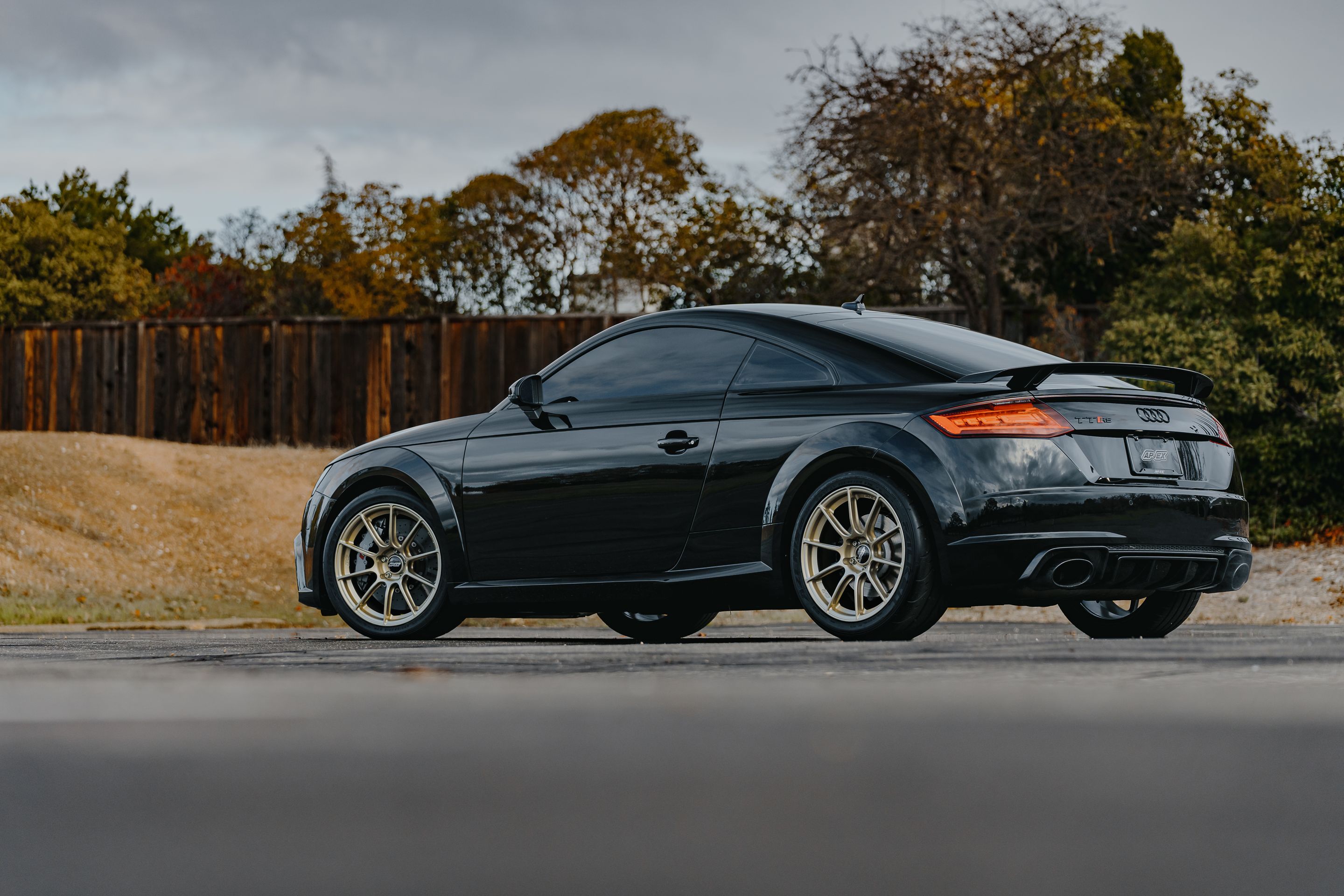 Black Audi FV/8S TT RS with 18" SM-10RS Apex wheels in Motorsport Gold