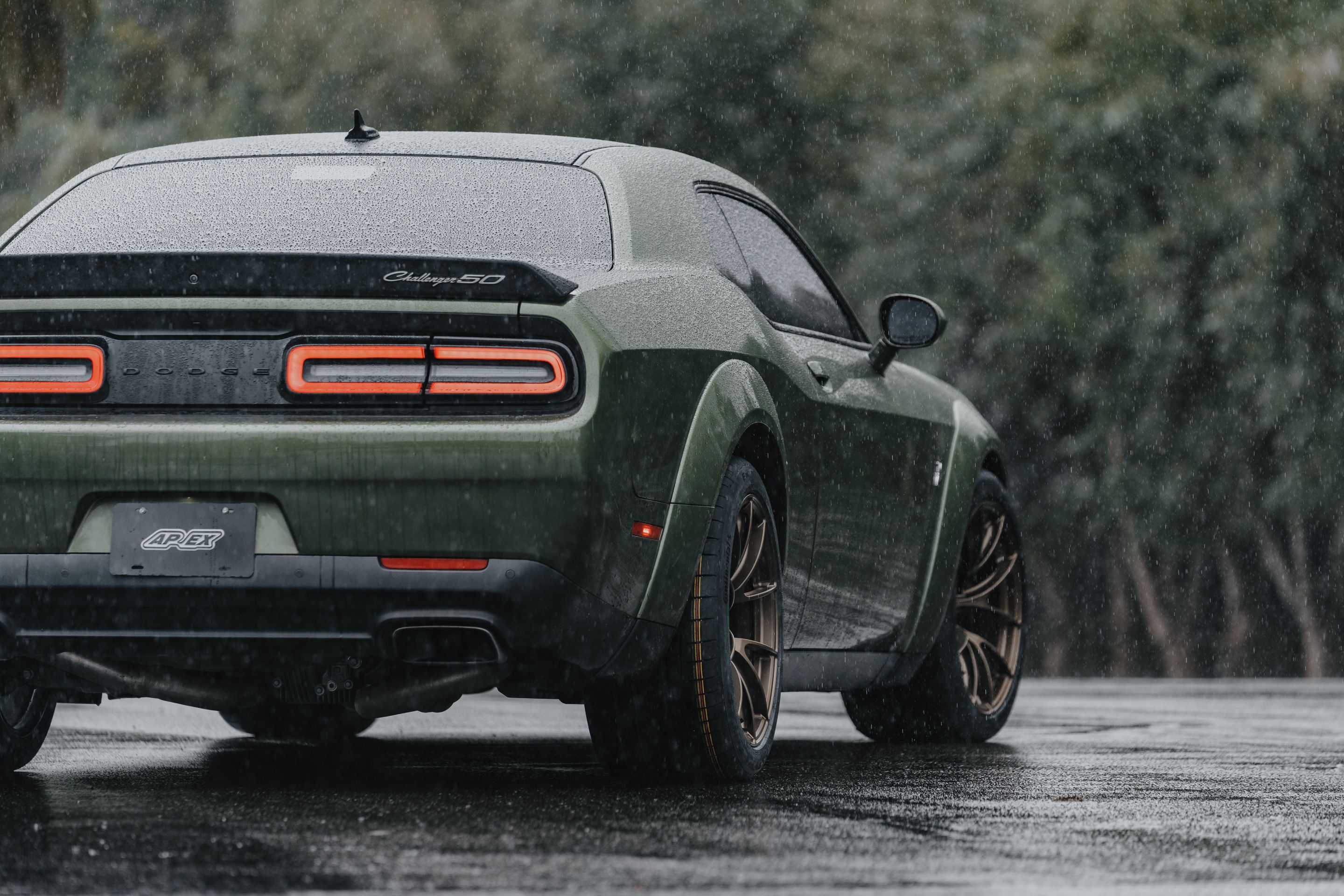 Green Dodge Challenger R/T Scat Pack Widebody with 20" VS-5RS Apex wheels in Satin Bronze