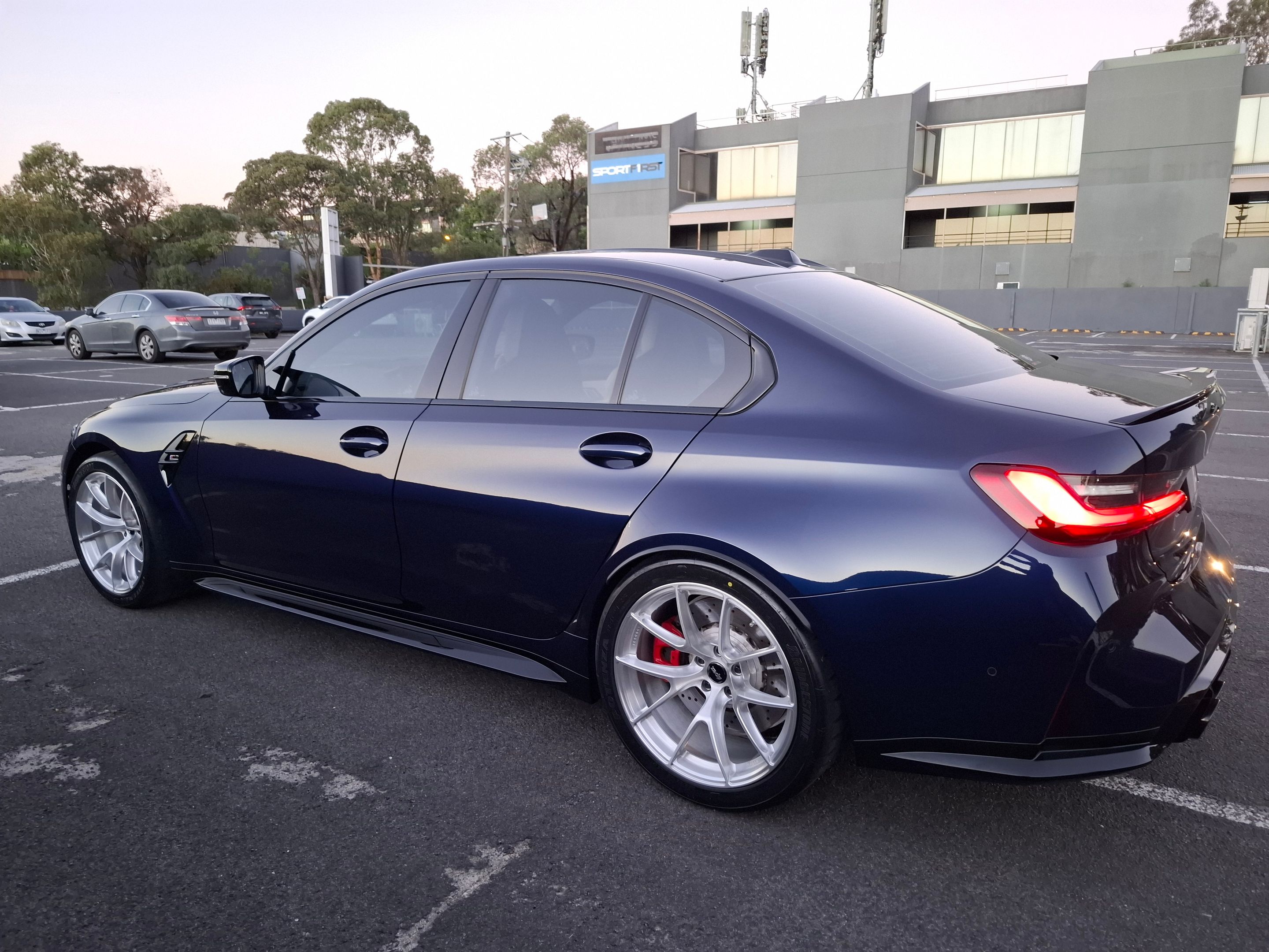 Blue BMW G80 M3 with 19" VS-5RS Apex wheels in Brushed Clear