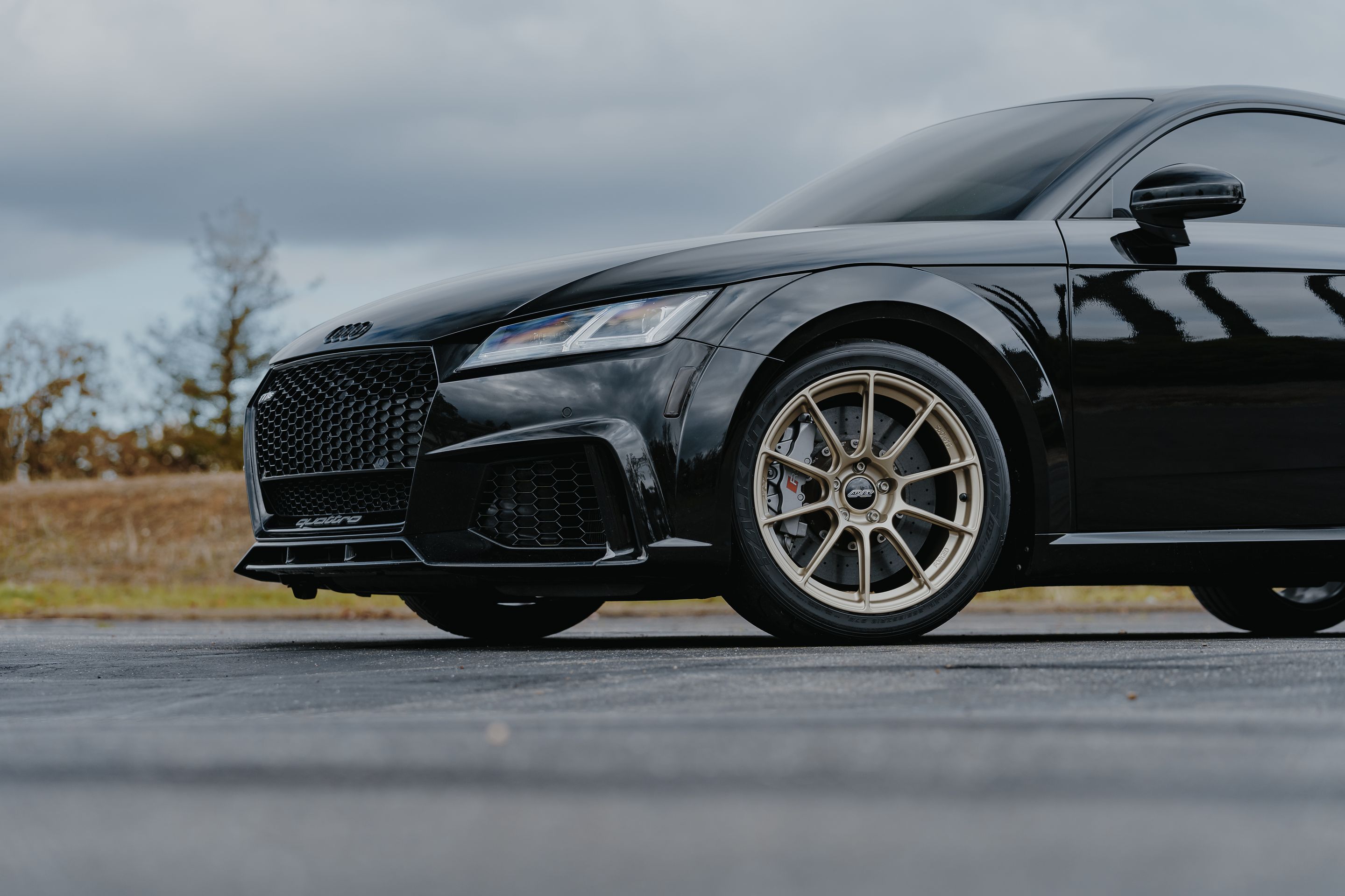 Black Audi FV/8S TT RS with 18" SM-10RS Apex wheels in Motorsport Gold