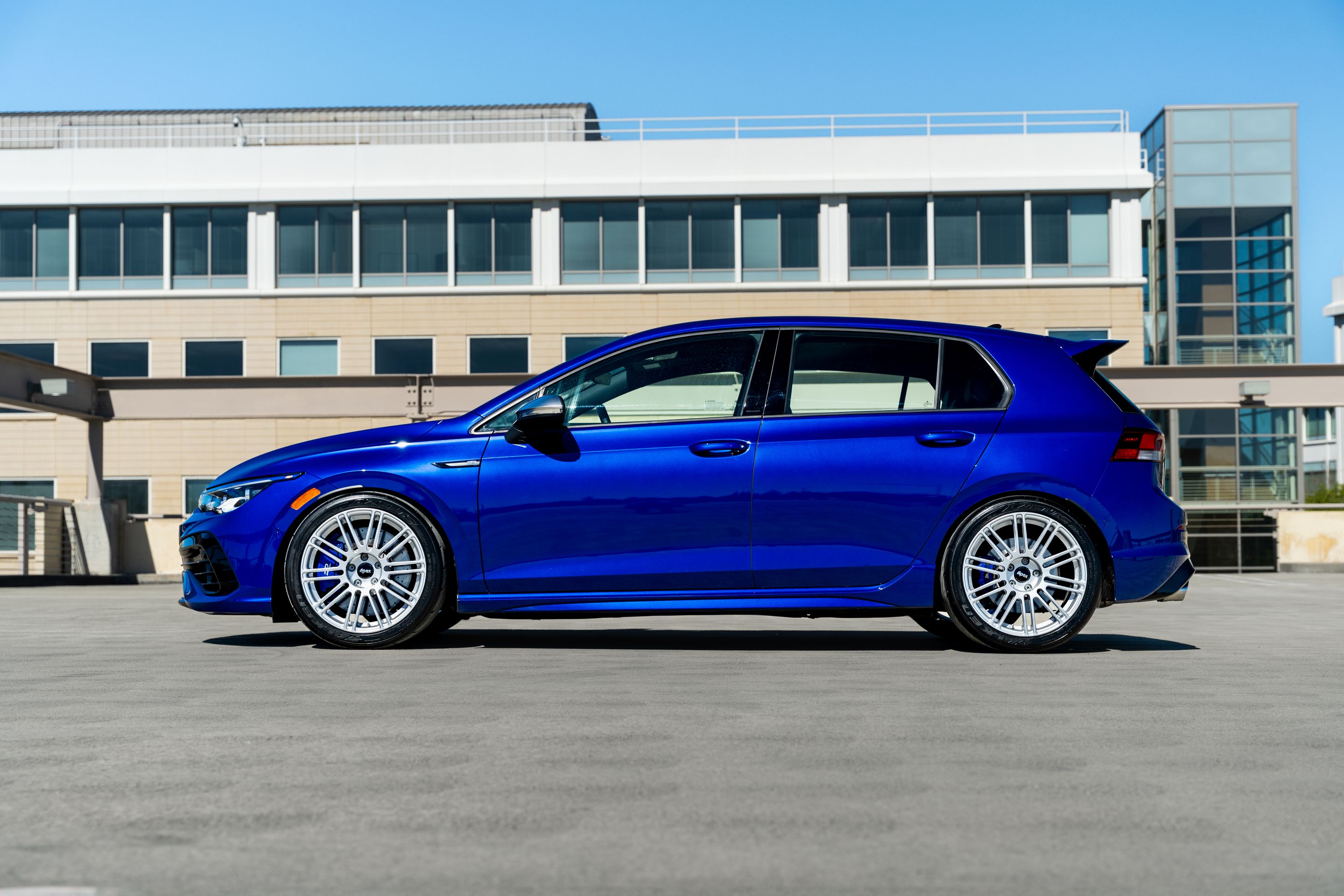Blue VW MK8 Golf R with 18" TC-10RT Apex wheels in Race Silver
