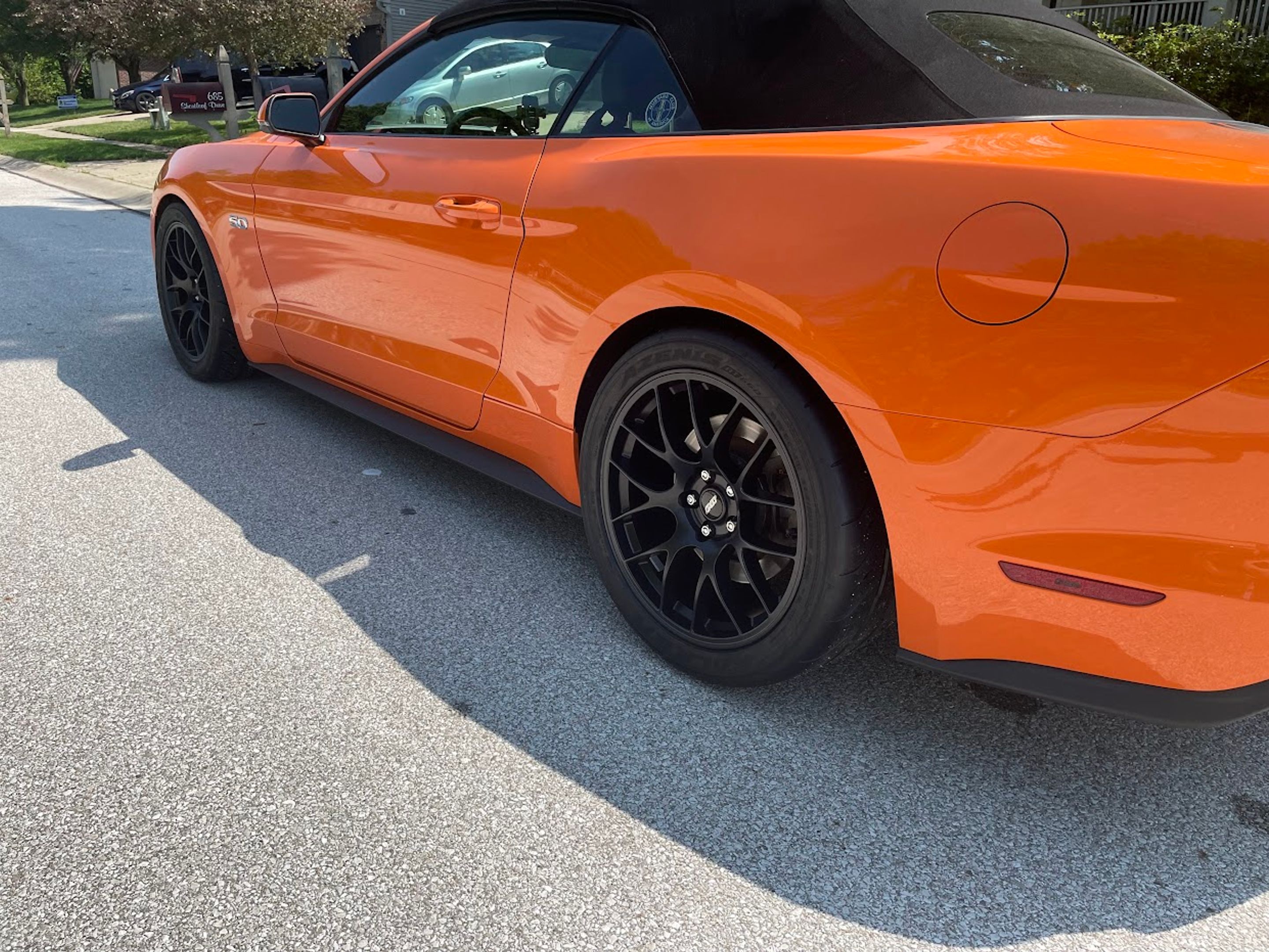 Orange Ford S550 Mustang GT with 19" EC-7 Apex wheels in Satin Black