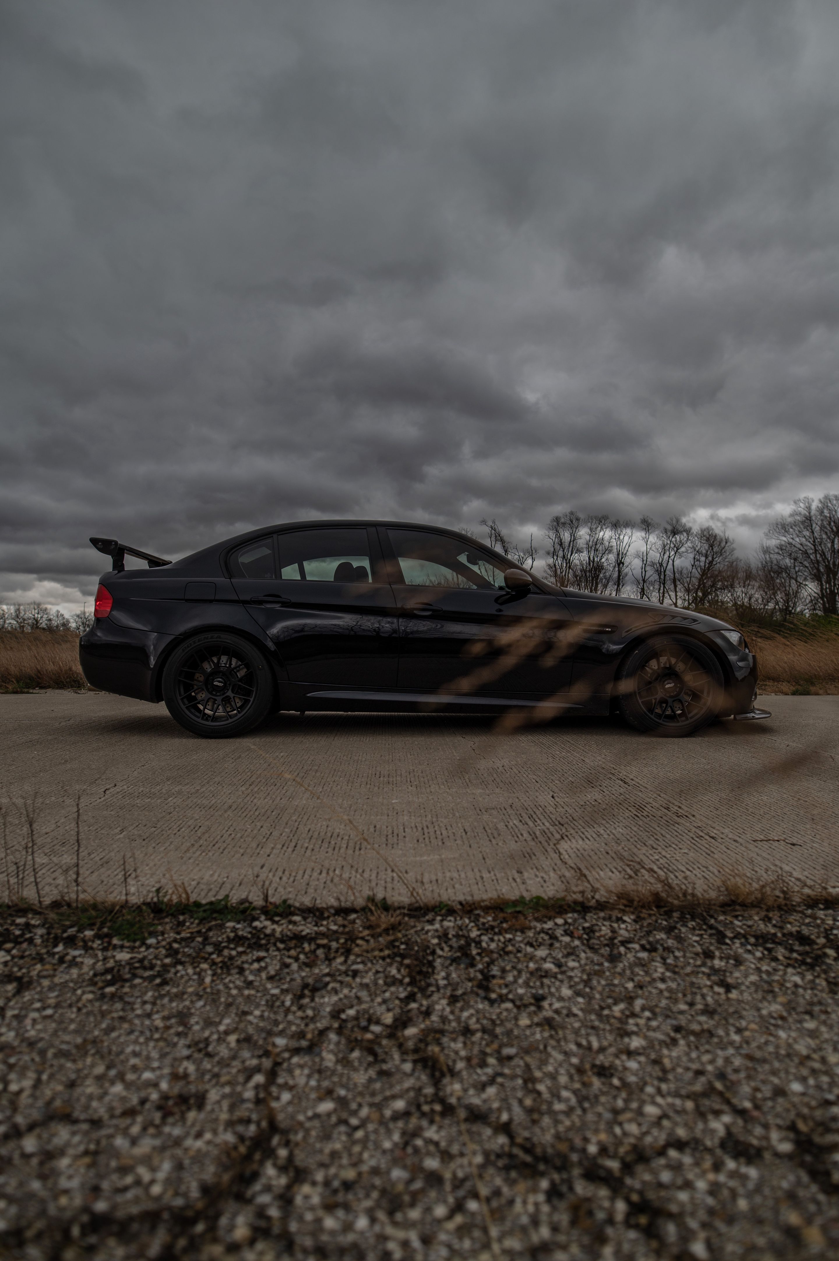 Black BMW E90 Sedan M3 with 18" ARC-8 Apex wheels in Satin Black