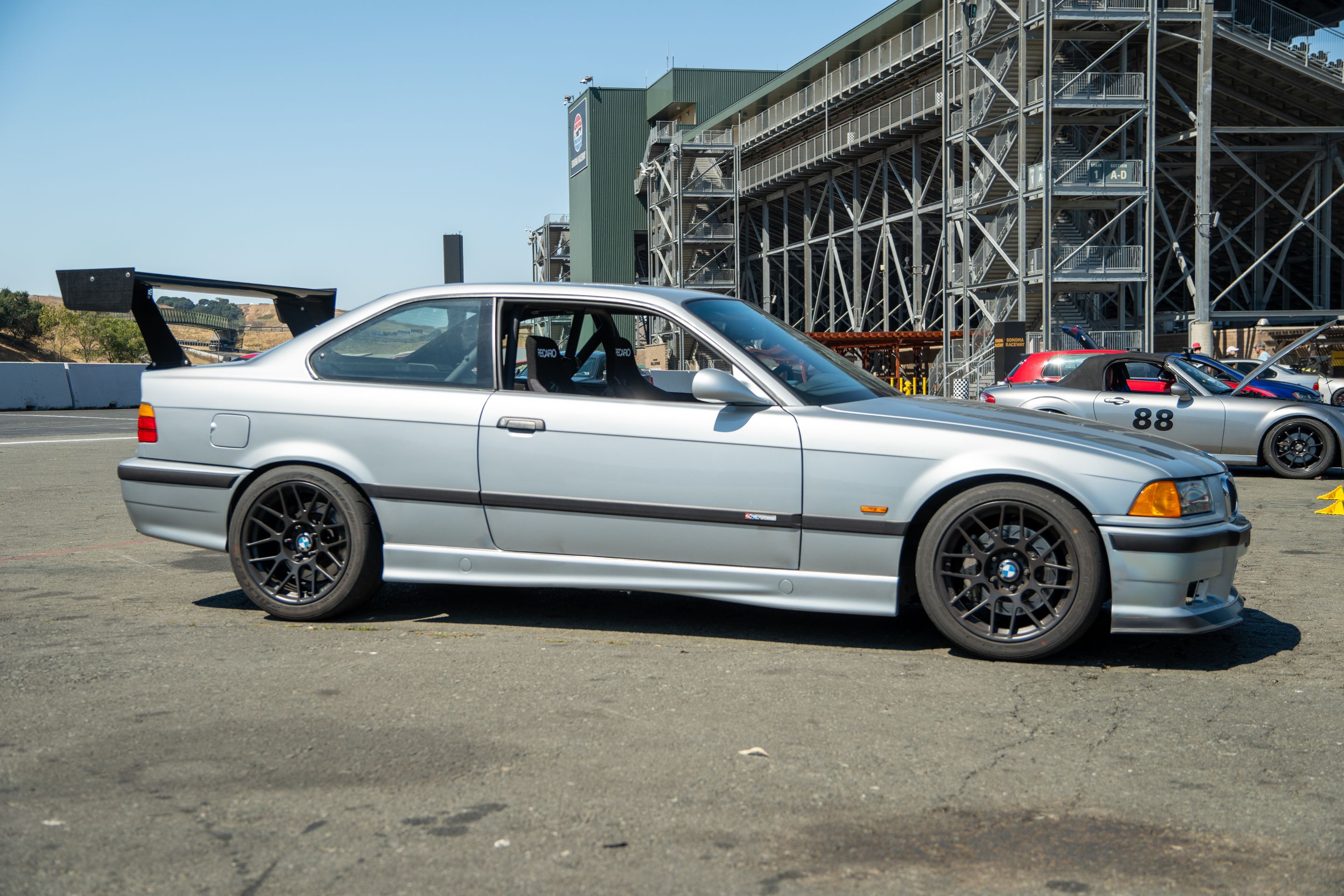 Silver BMW E36 M3 with 17" ARC-8R Apex wheels in Satin Black