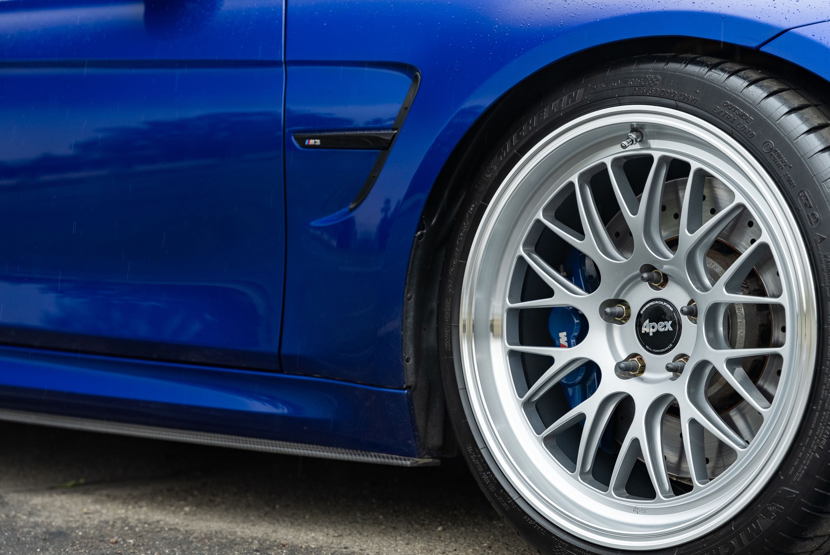 Blue BMW F80 M3 with 19" ML-10RT Apex wheels in Machined Lip Race Silver
