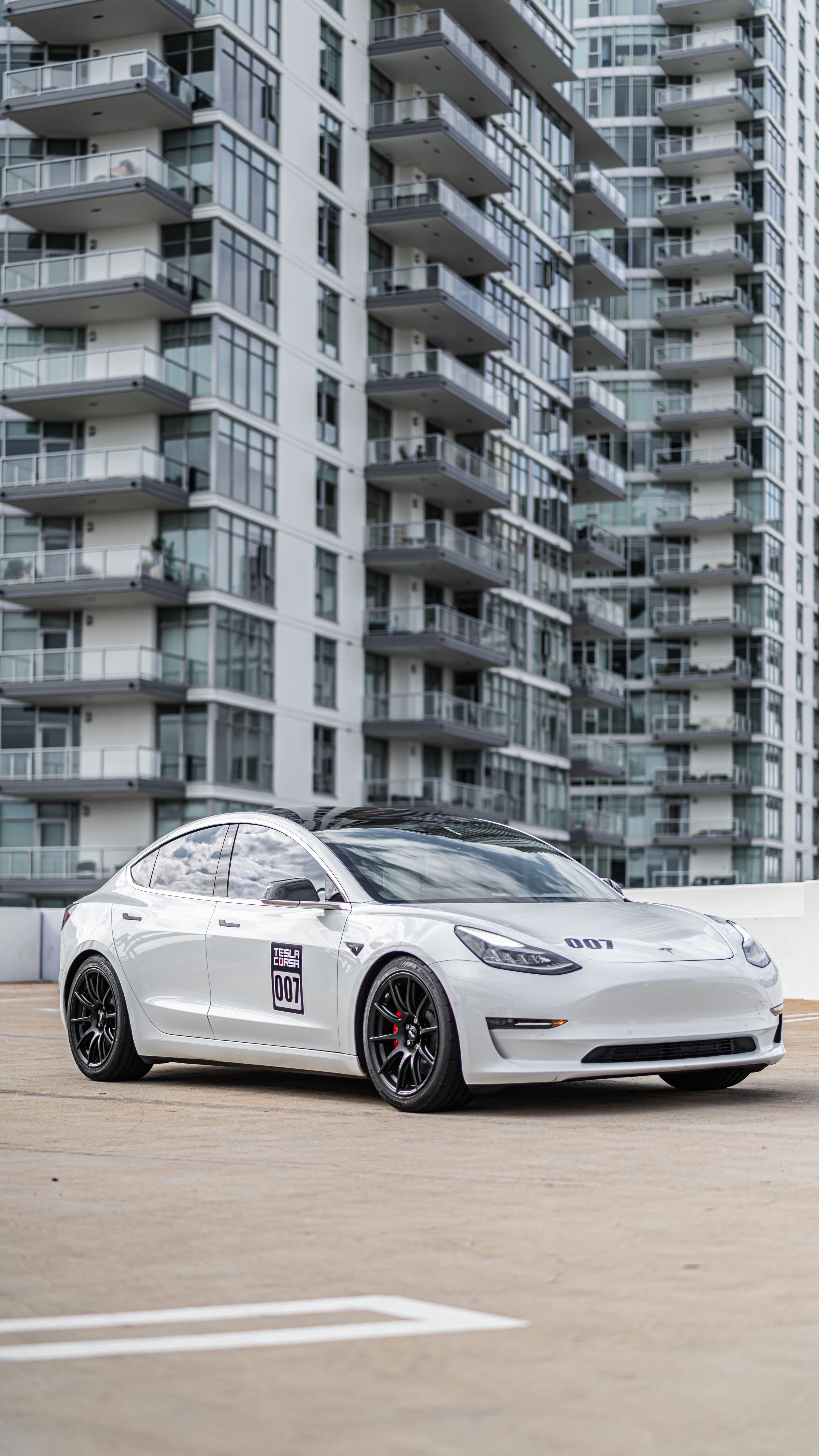 White Tesla Model 3 with 19" SM-10 Apex wheels in Satin Black