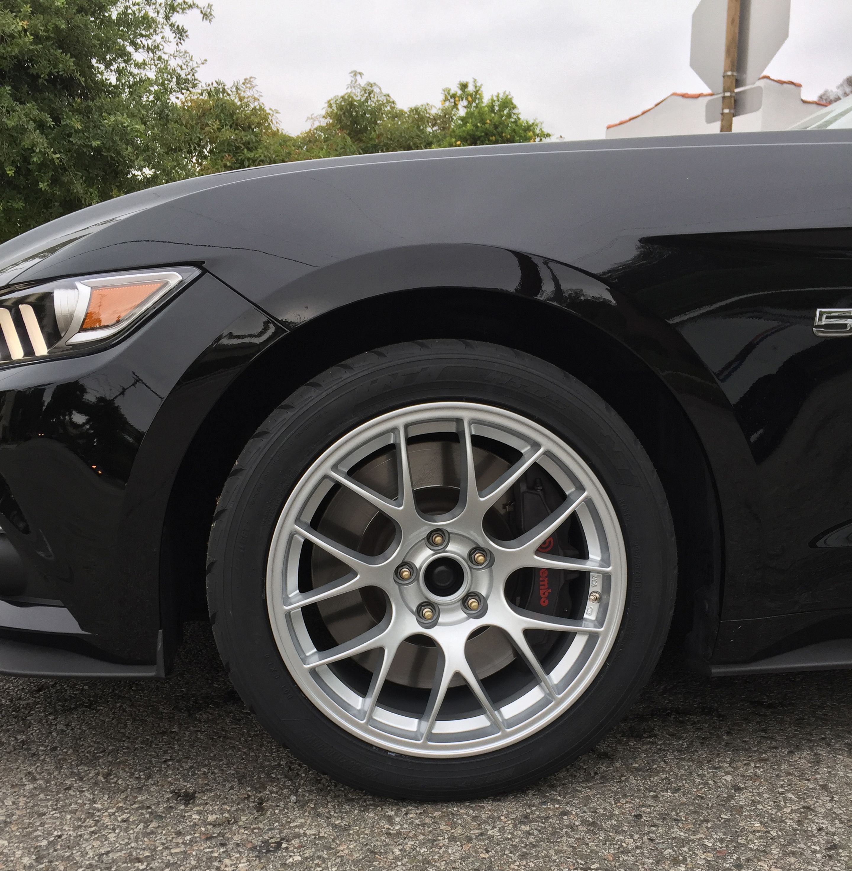 Black Ford S550 Mustang GT with 18" EC-7 Apex wheels in Race Silver