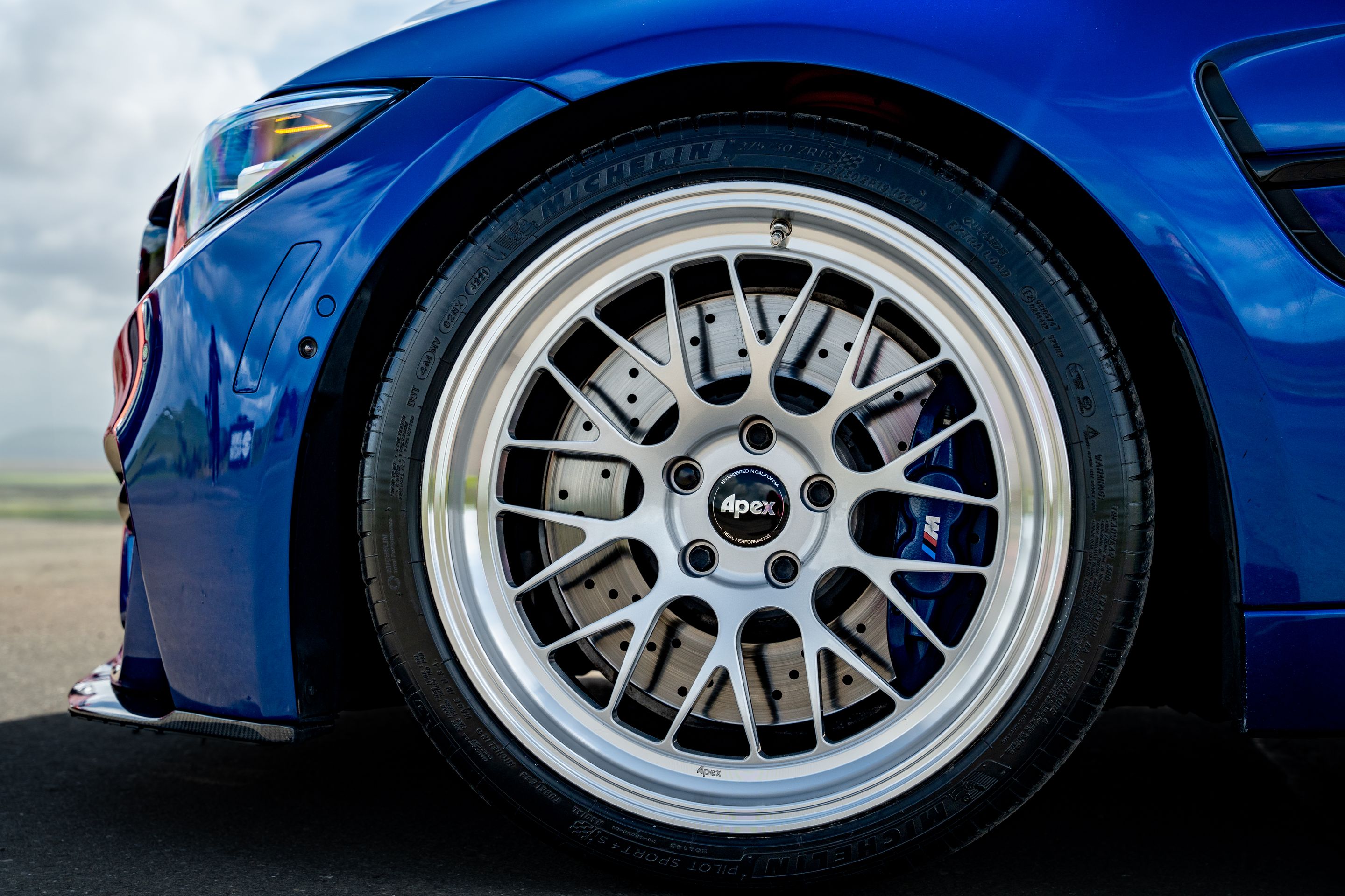 Blue BMW F80 M3 with 19" ML-10RT Apex wheels in Machined Lip Race Silver