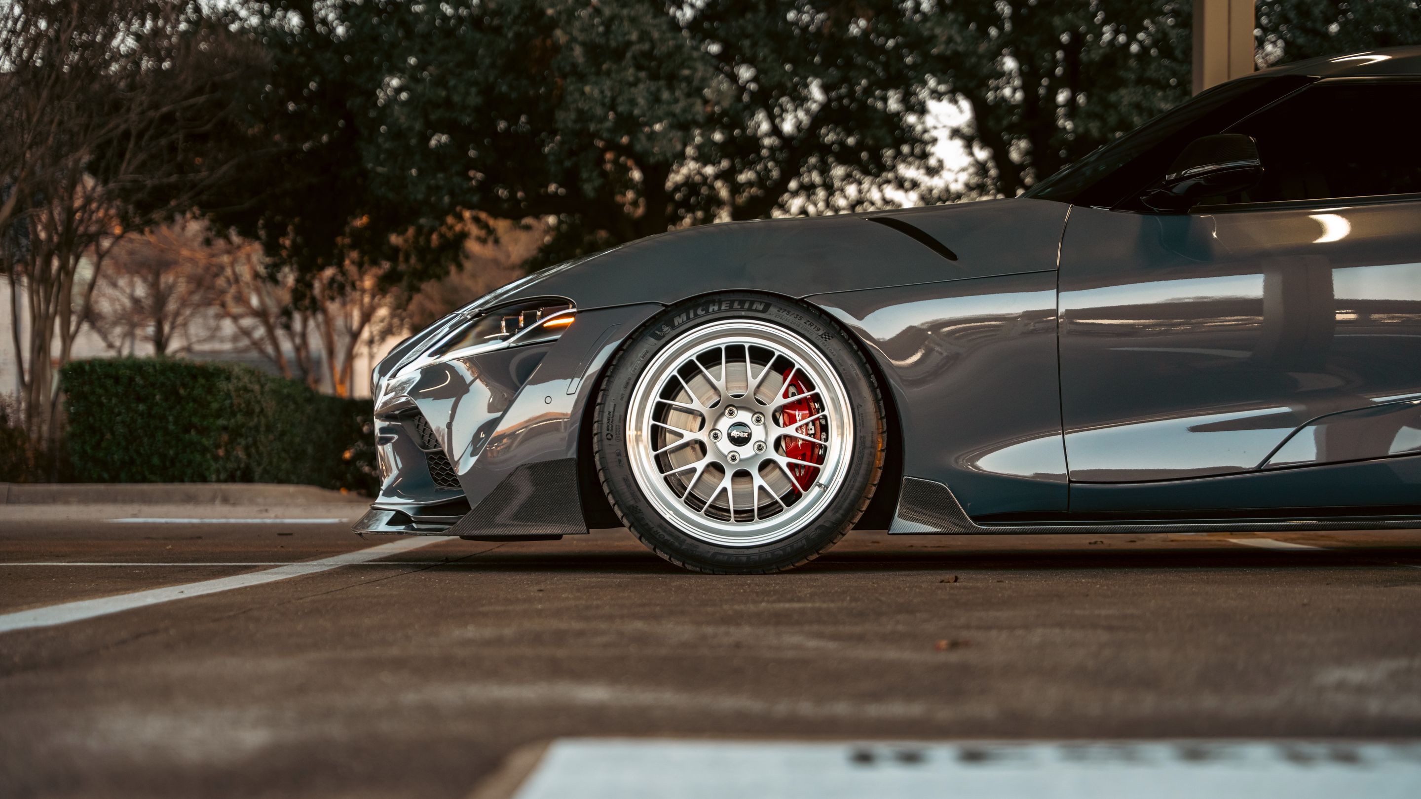 Grey Toyota GR Supra with 19" ML-10RT Apex wheels in Machined Lip Race Silver