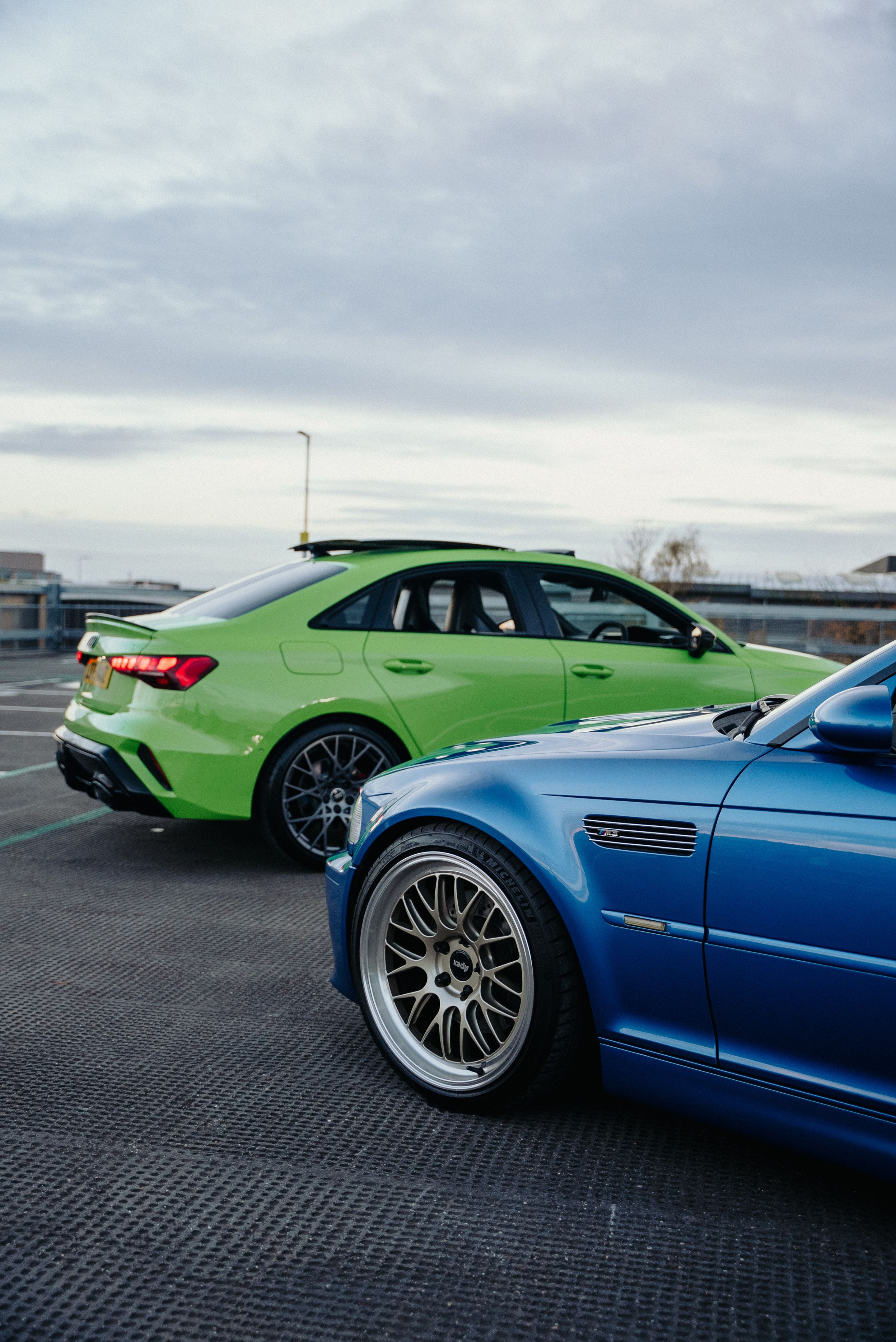 Blue BMW E46 M3 with 19" ML-10RT Apex wheels in Machined Lip Gloss Motorsport Gold