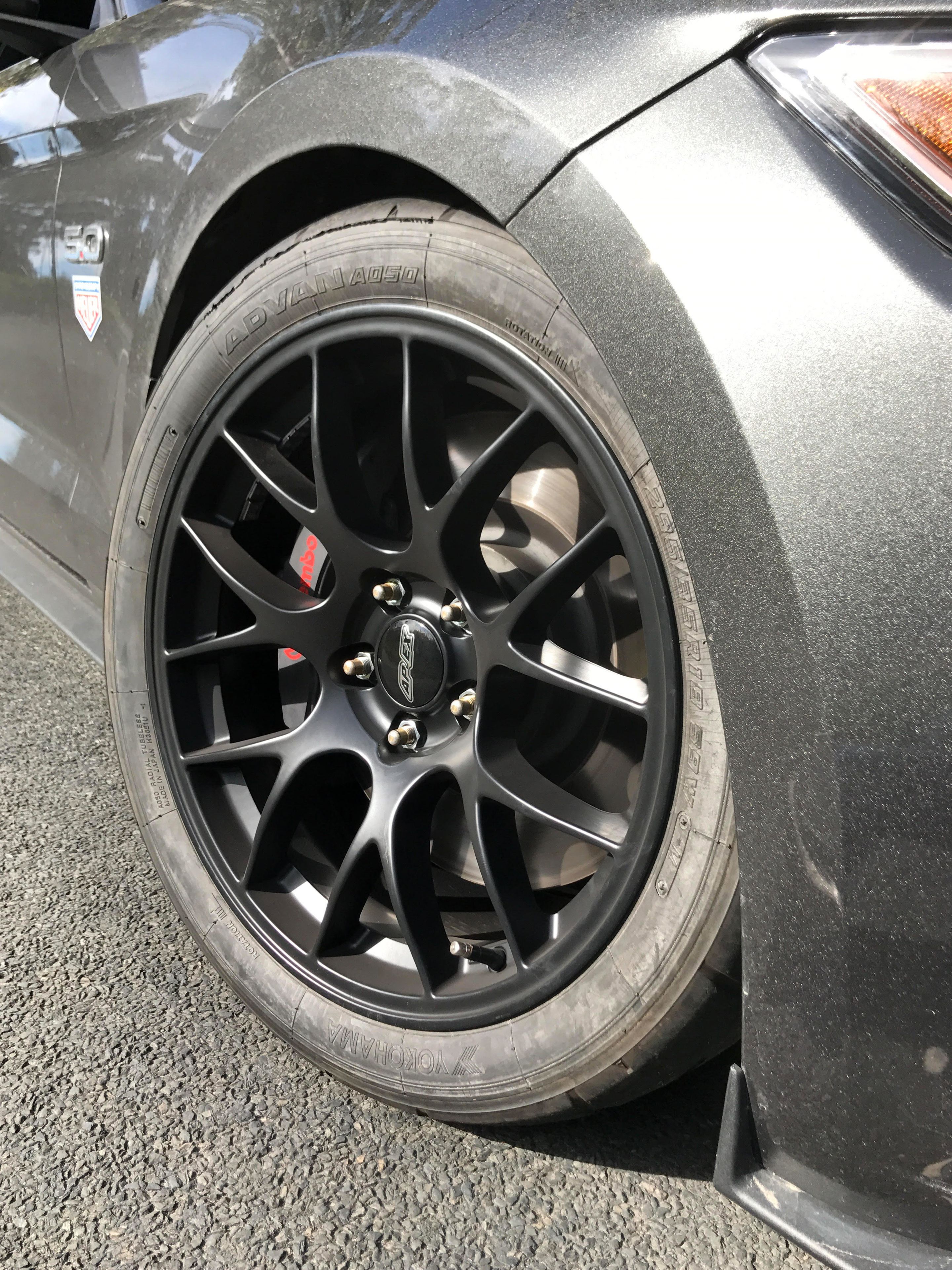 Grey Ford S550 Mustang GT with 18" EC-7 Apex wheels in Satin Black