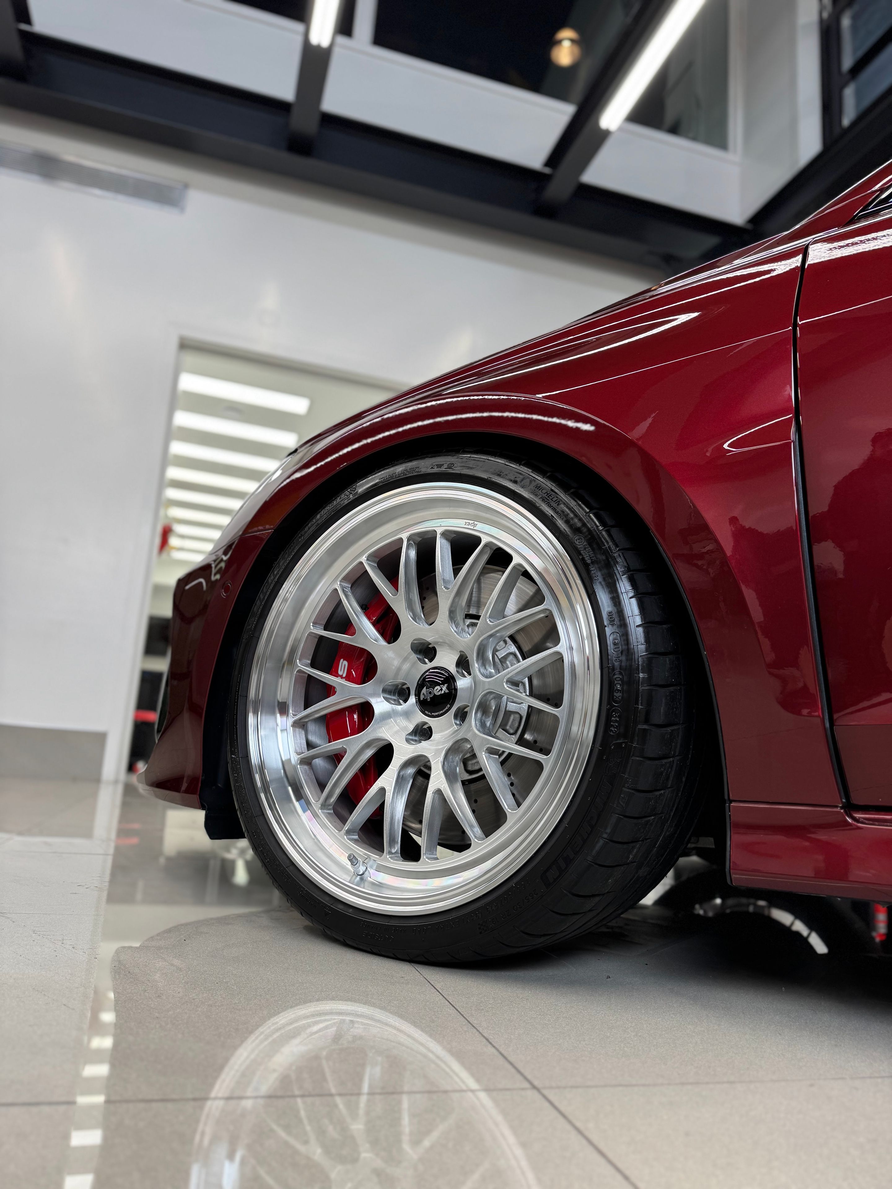 Red Audi 8Y RS 3 with 19" ML-10RT Apex wheels in Machined Lip Brushed Clear