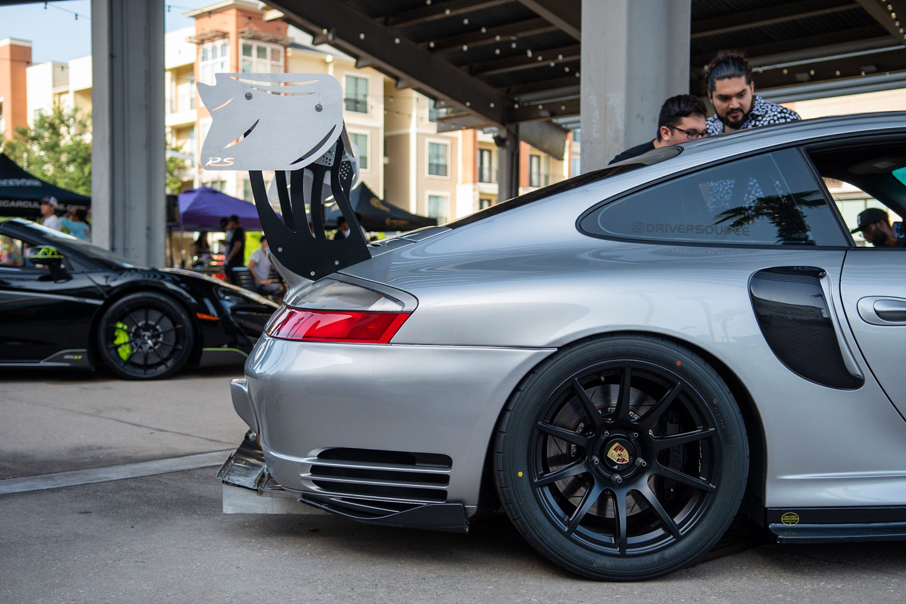 Silver Porsche 911 996 Turbo with 18" SM-10 Apex wheels in Satin Black
