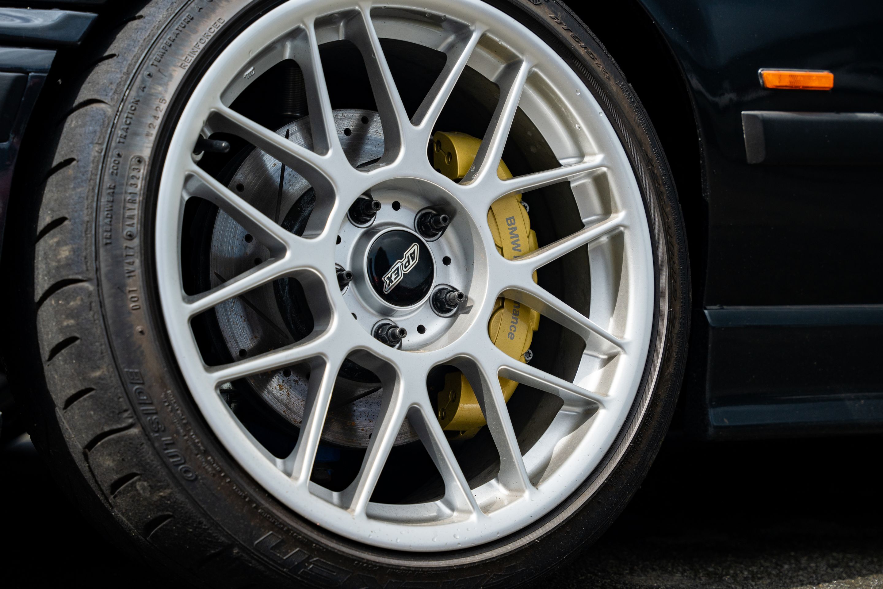 Black BMW E36 M3 with 18" ARC-8 Apex wheels in Race Silver