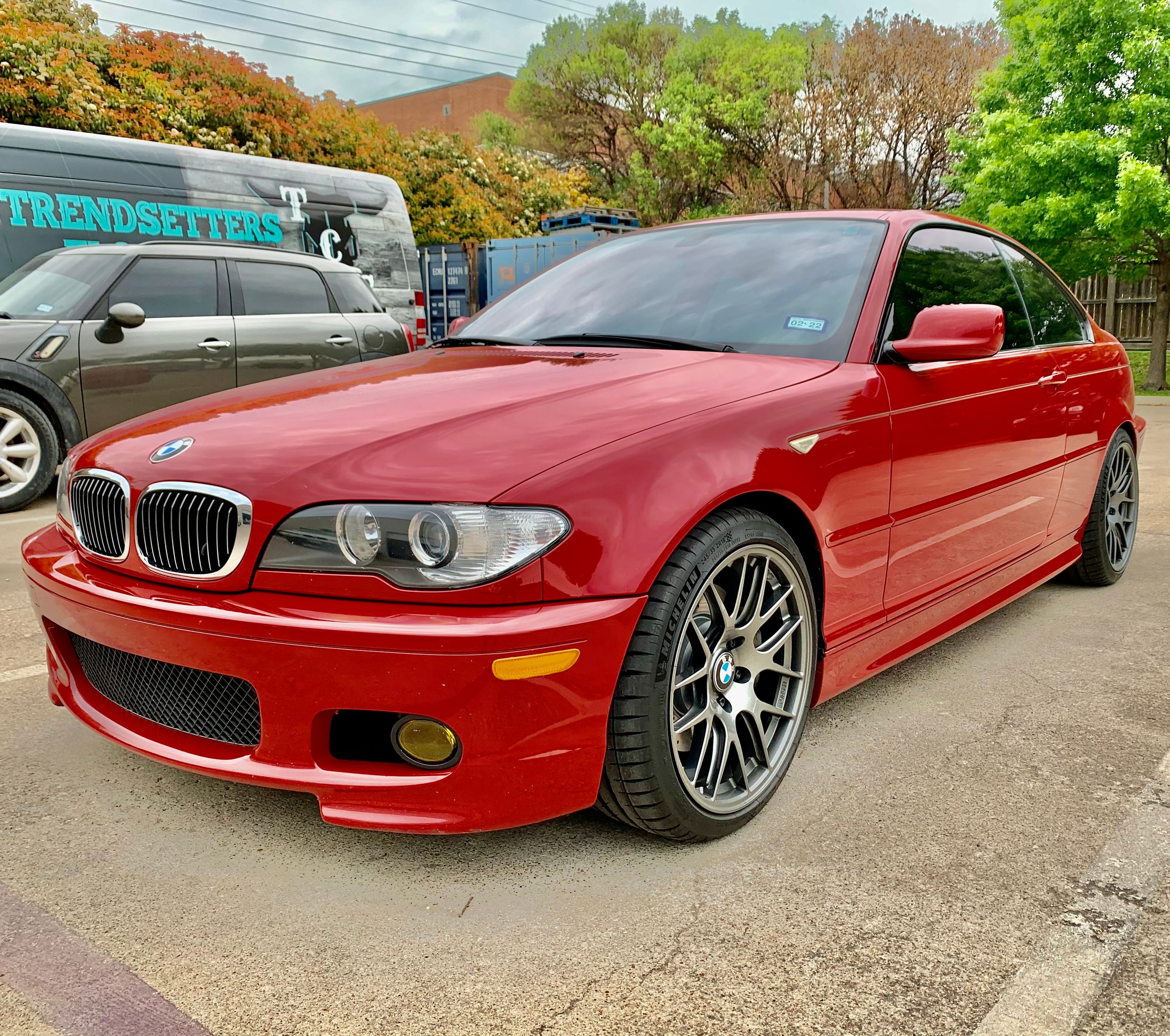 Red BMW E46 3 Series with 18" EC-7R Apex wheels in Anthracite
