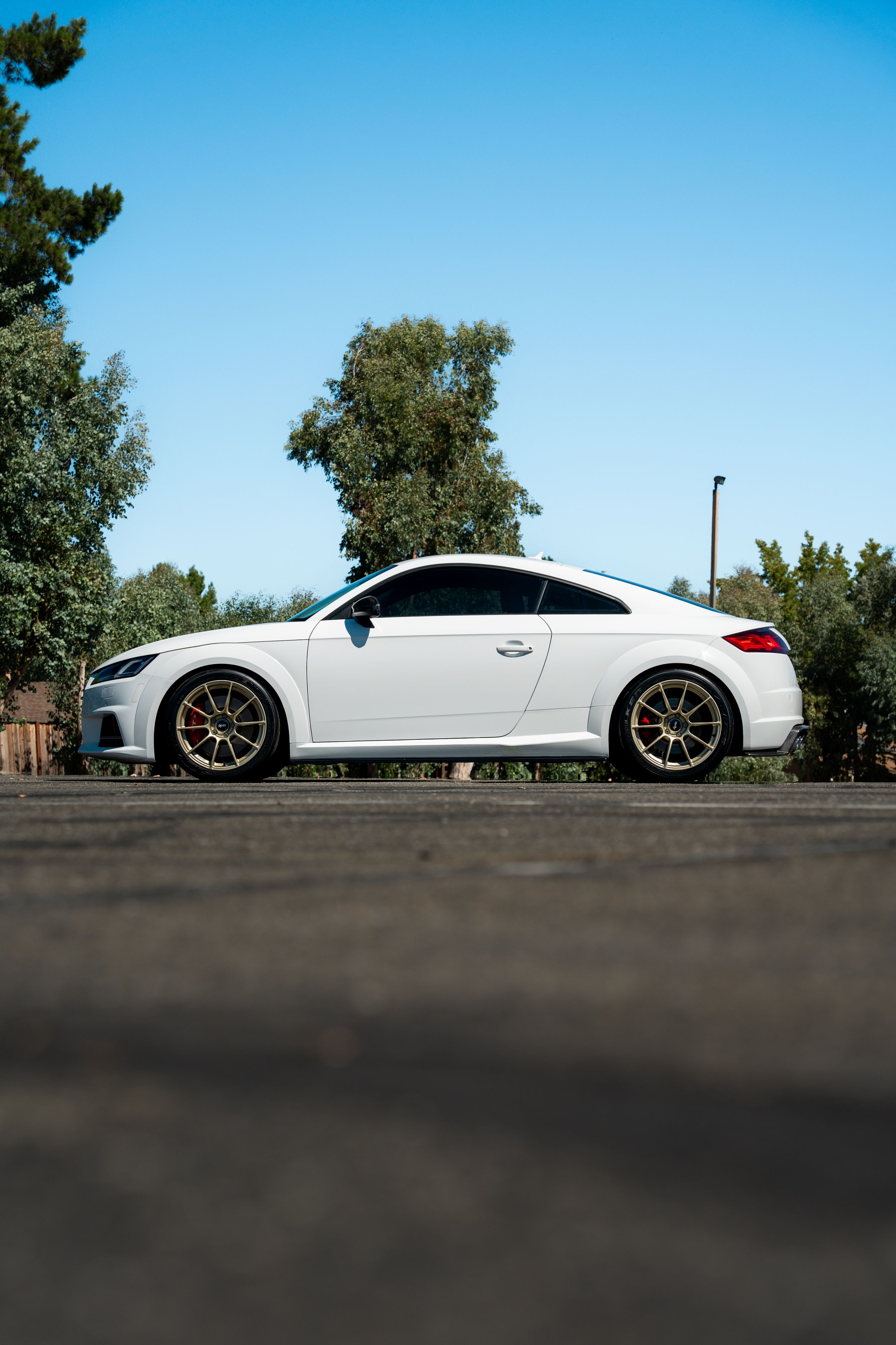 White Audi 8S TTS with 18" SM-10RS Apex wheels in Motorsport Gold