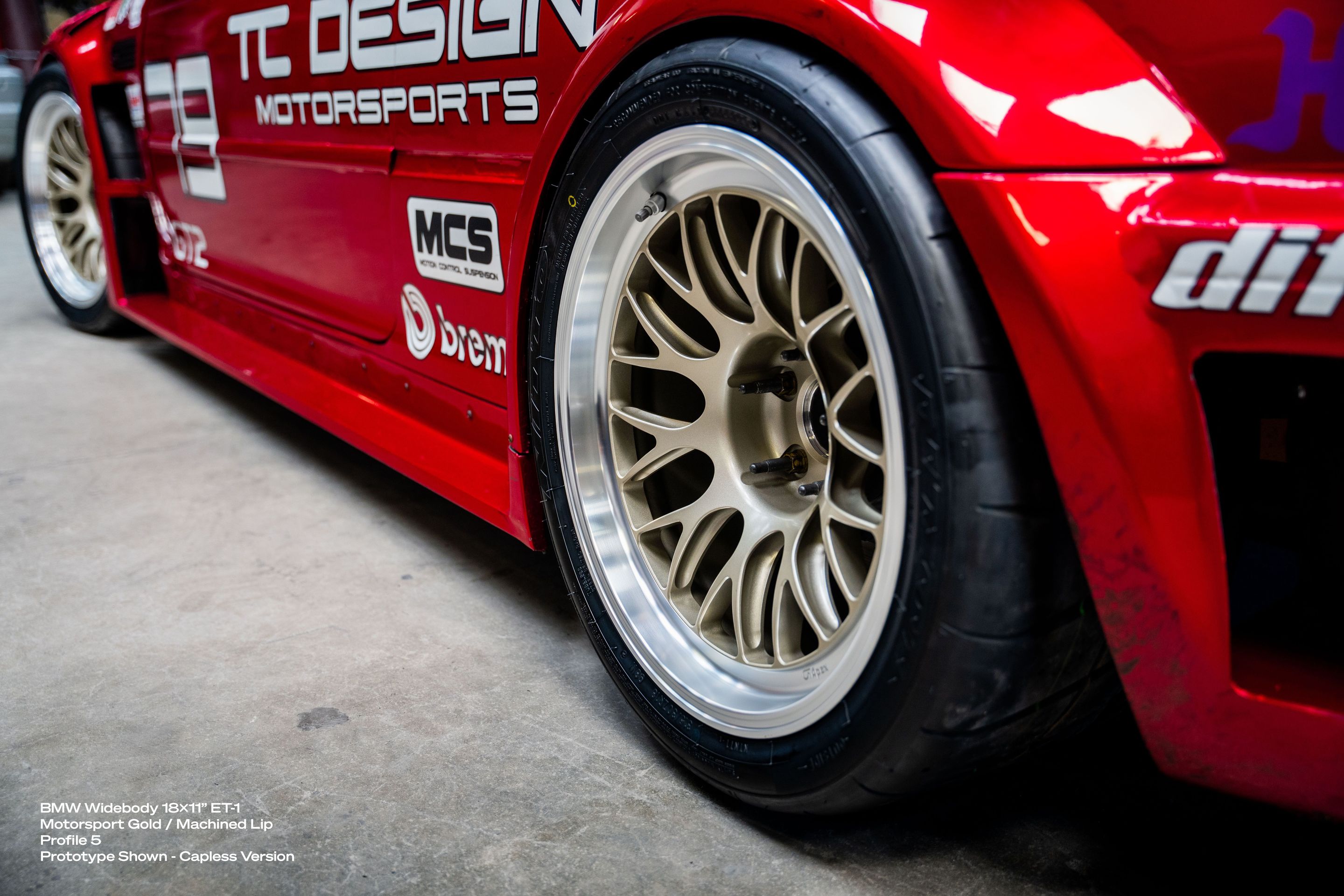 Red BMW E46 M3 with 18" ML-10RT Apex wheels in Machined Lip Gloss Motorsport Gold