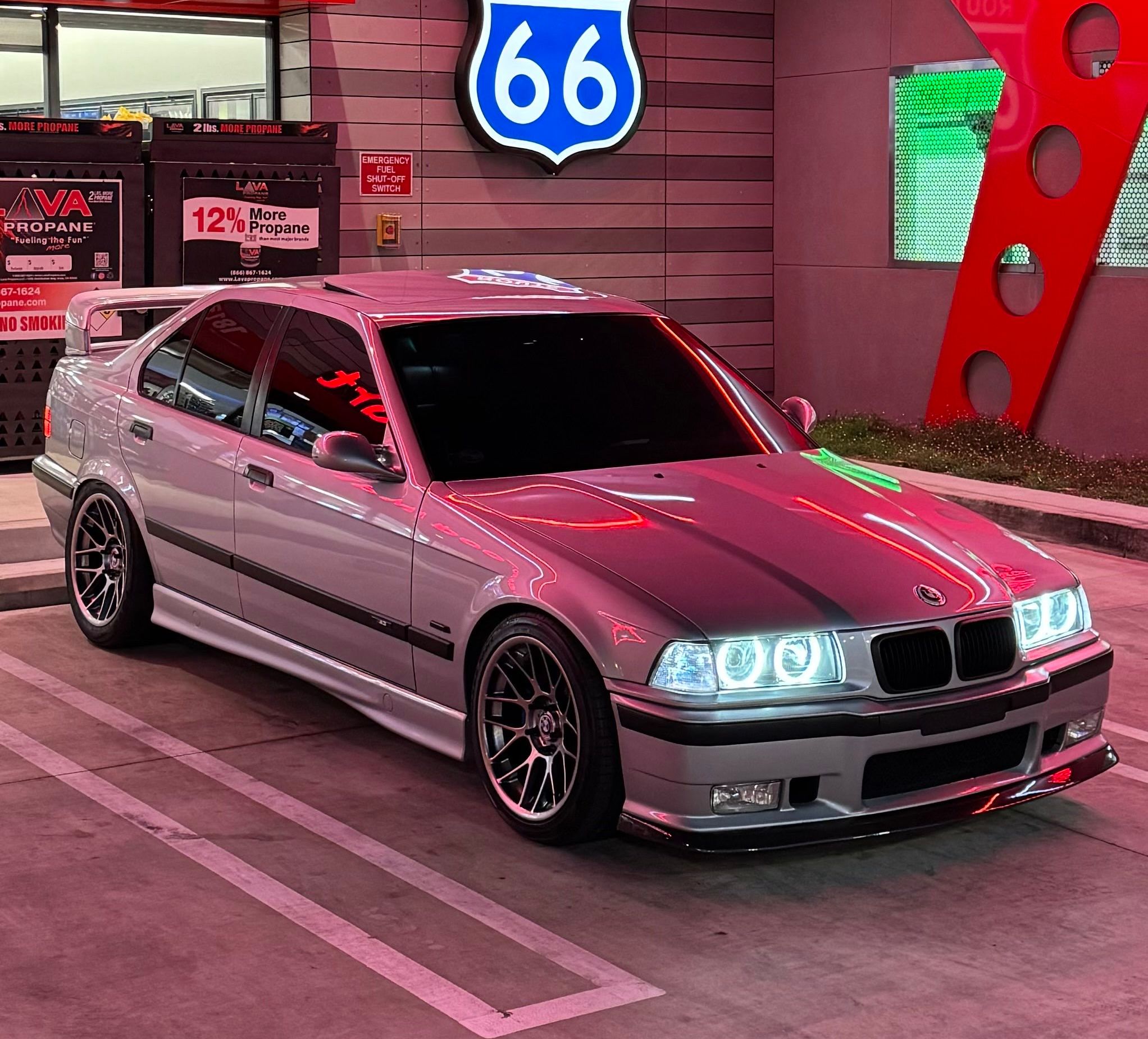 Silver BMW E36 M3 with 17" ARC-8 Apex wheels in Hyper Black