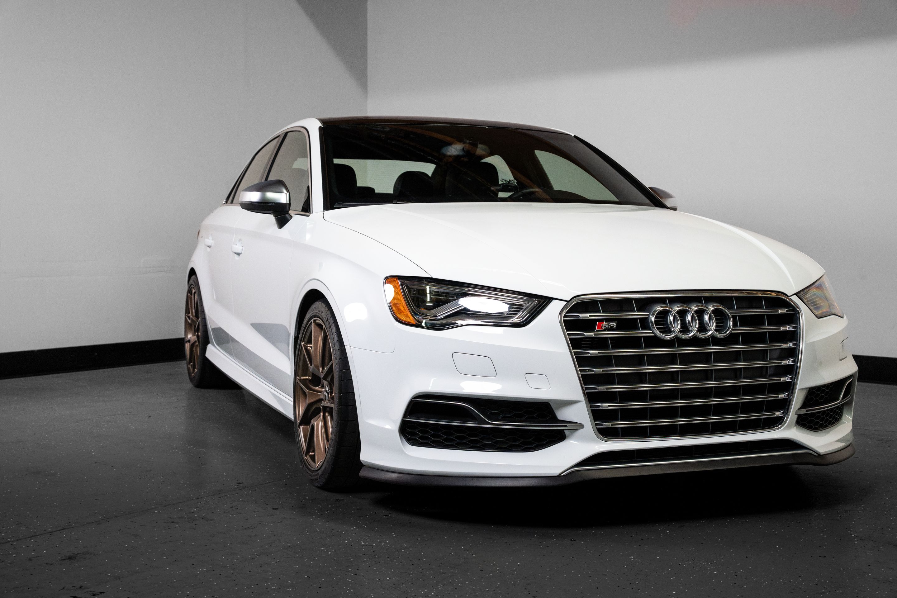 White Audi 8V S3 with 18" VS-5 Apex wheels in Satin Bronze