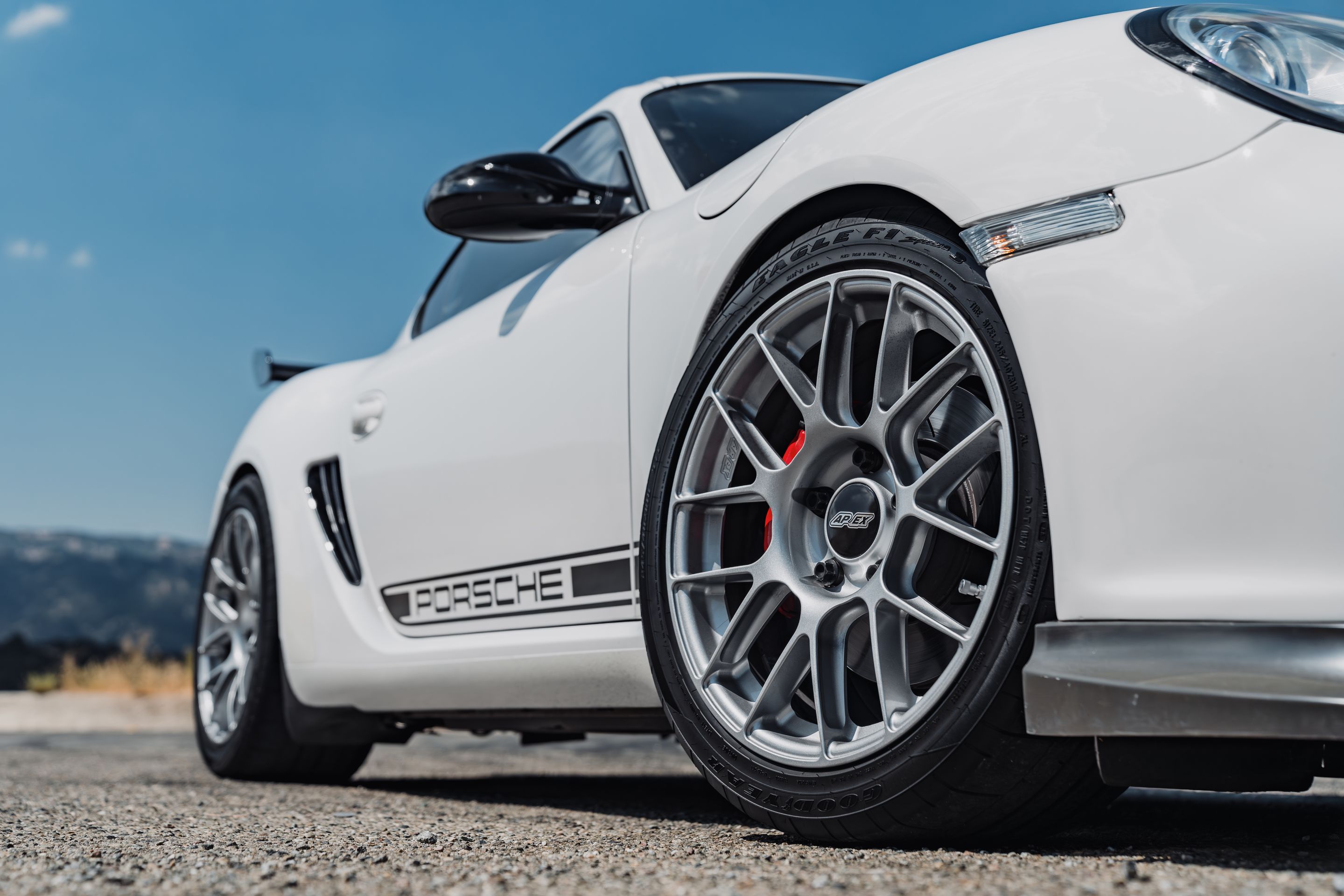 White Porsche 987 Cayman R with 18" EC-7RS Apex wheels in Race Silver