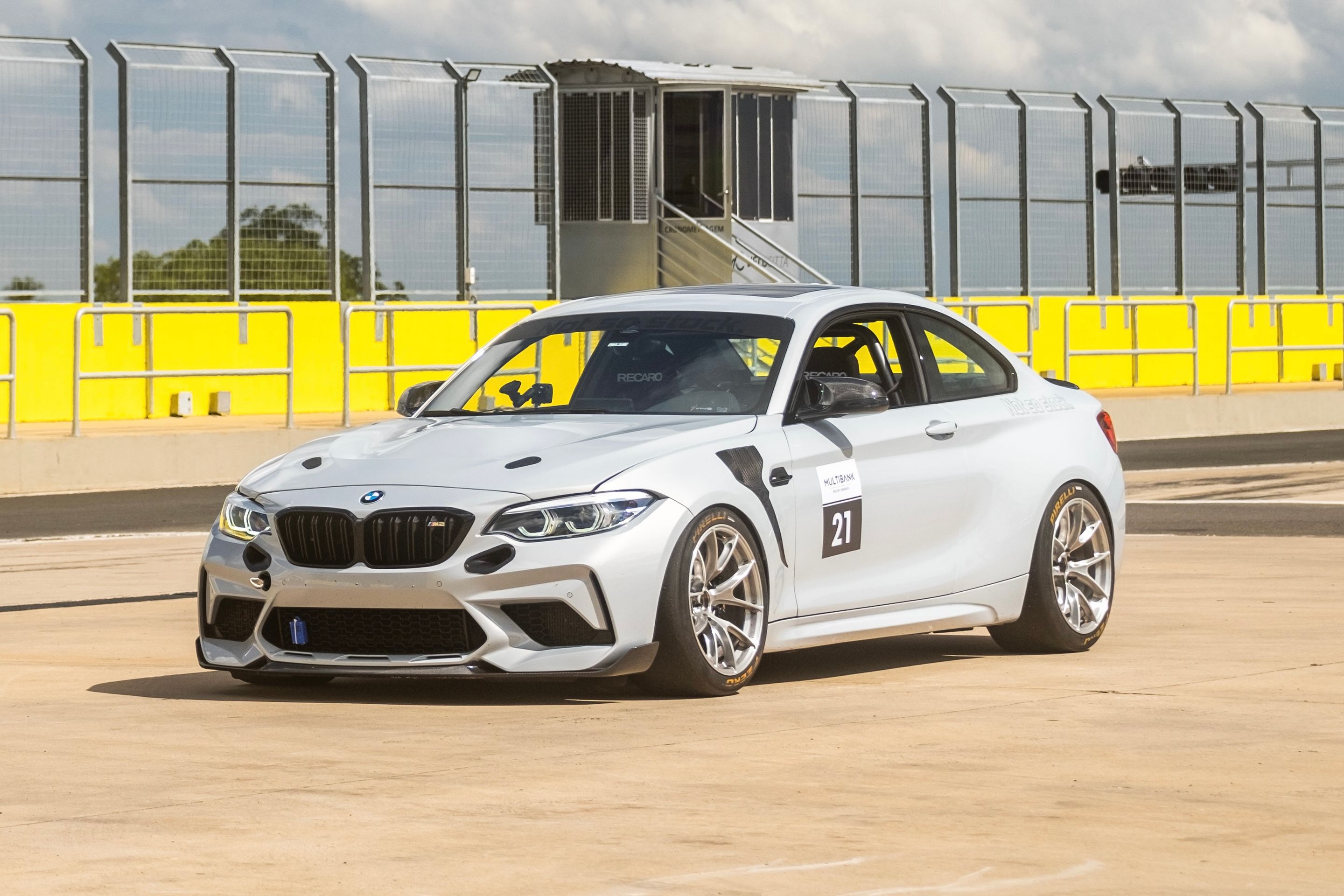 Silver BMW F87 M2 with 18" VS-5RS Apex wheels in Brushed Clear